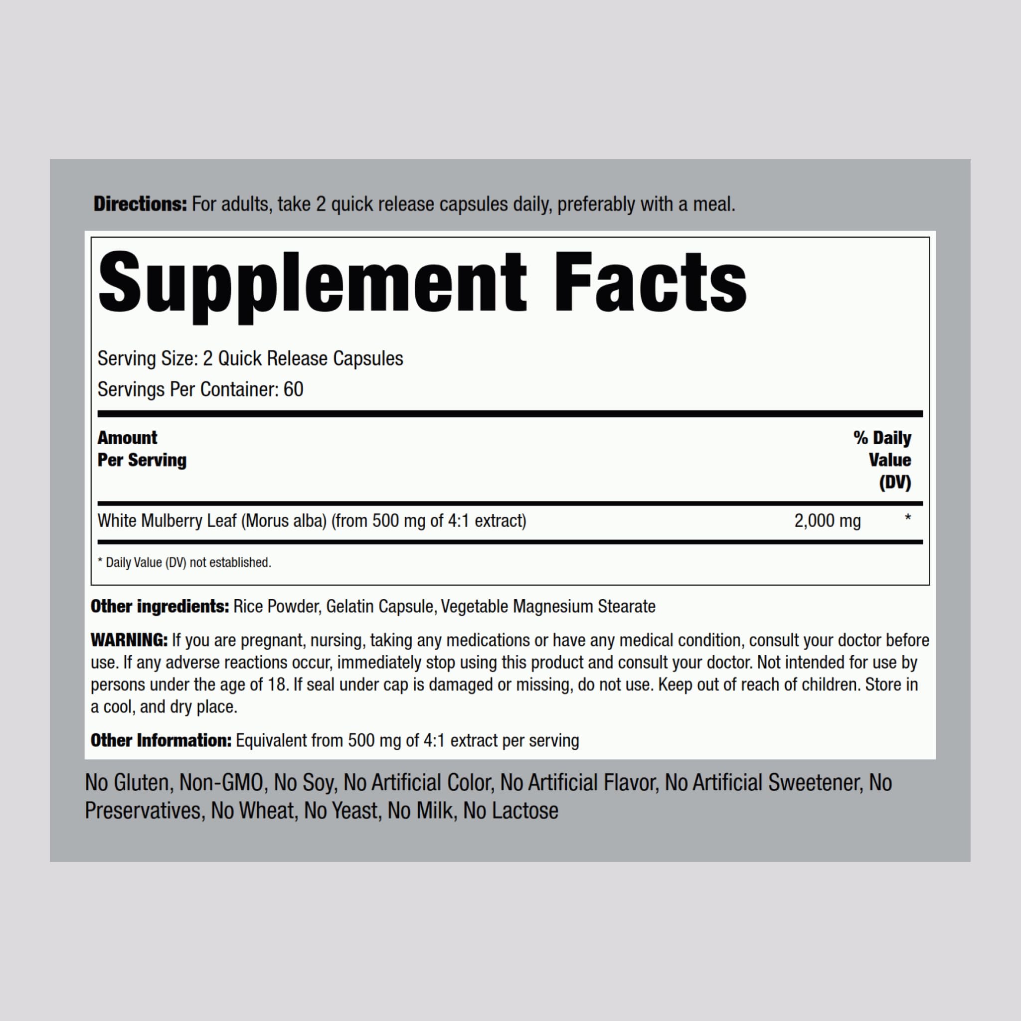 Piping Rock Mulberry Leaf Extract 500mg side view of packaging