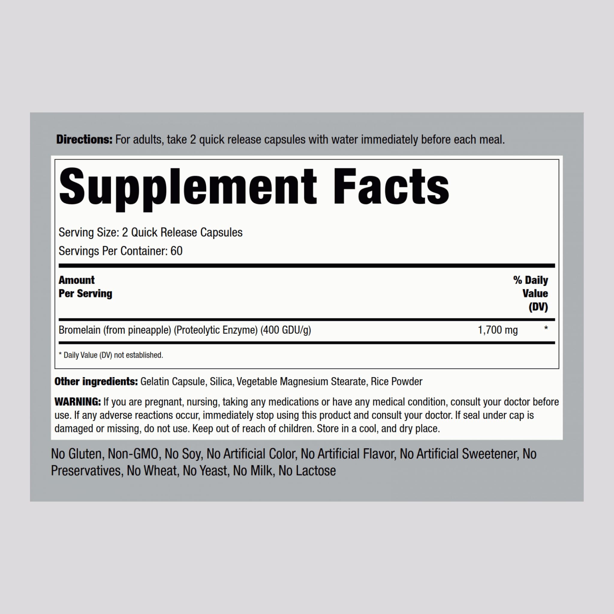 Piping Rock Multi-Enzymes 1700 mg Pineapple Enzyme side view