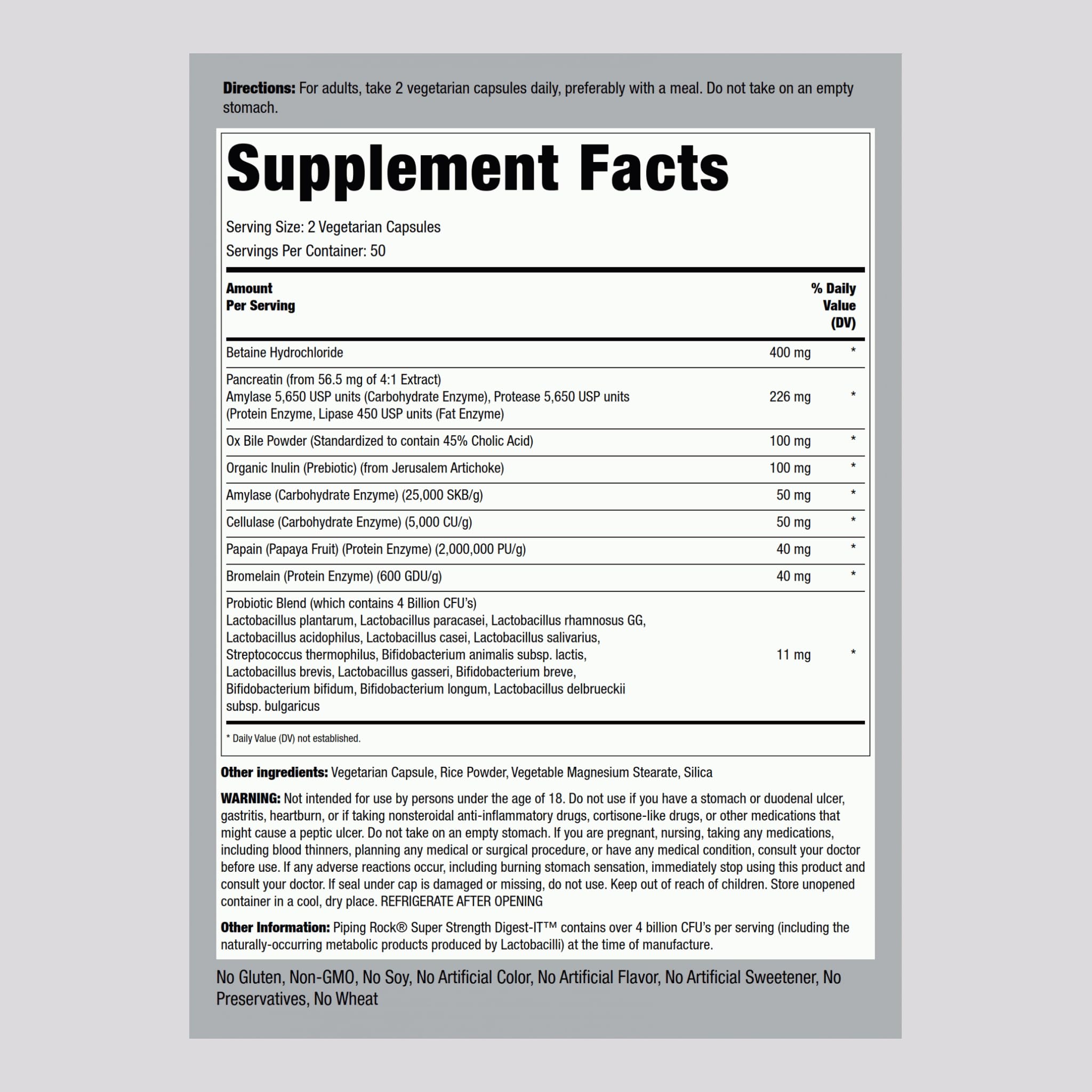 Piping Rock Multi-Enzymes 82g capsule bottle side view
