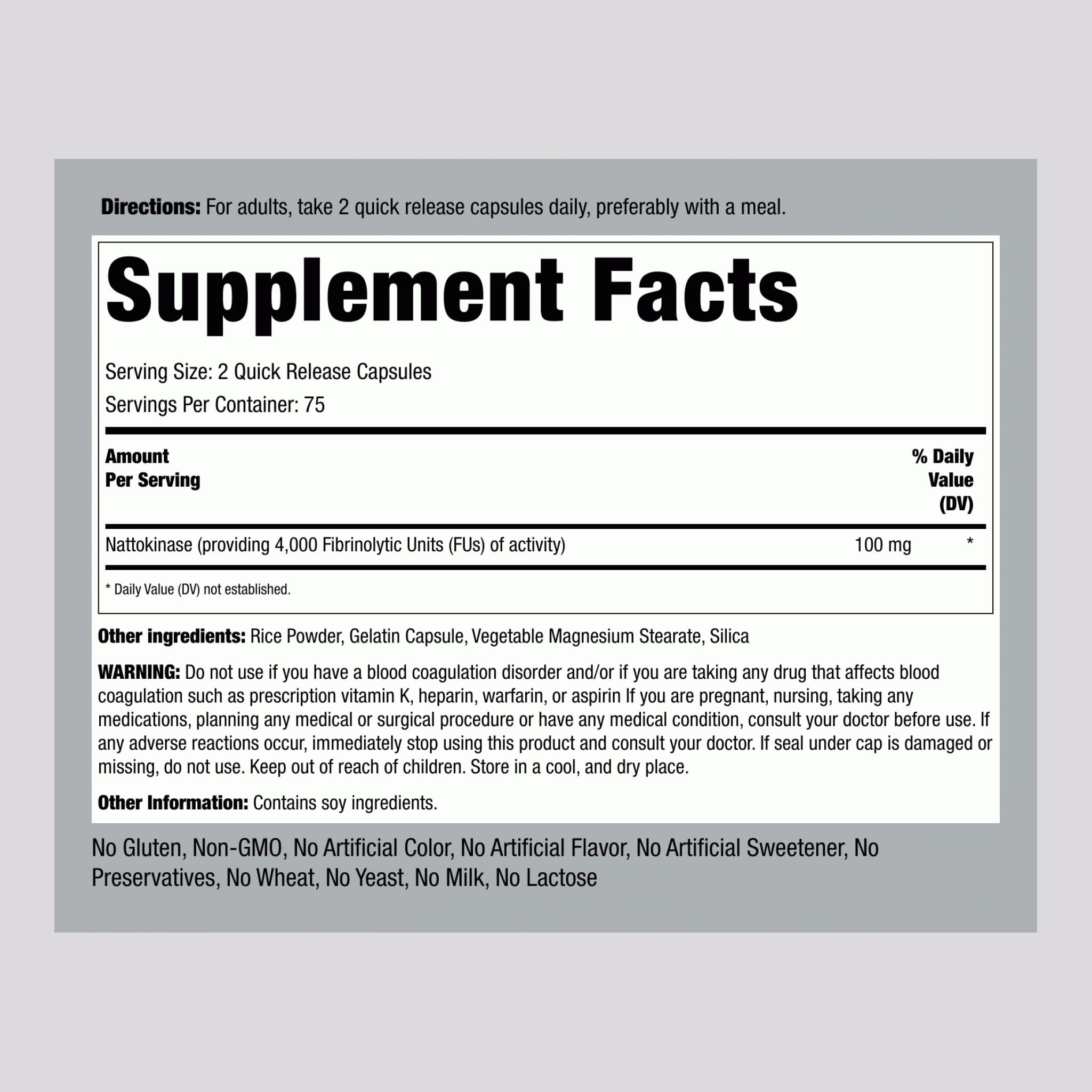 Piping Rock Multi-Enzymes Nattokinase 100mg capsules side view