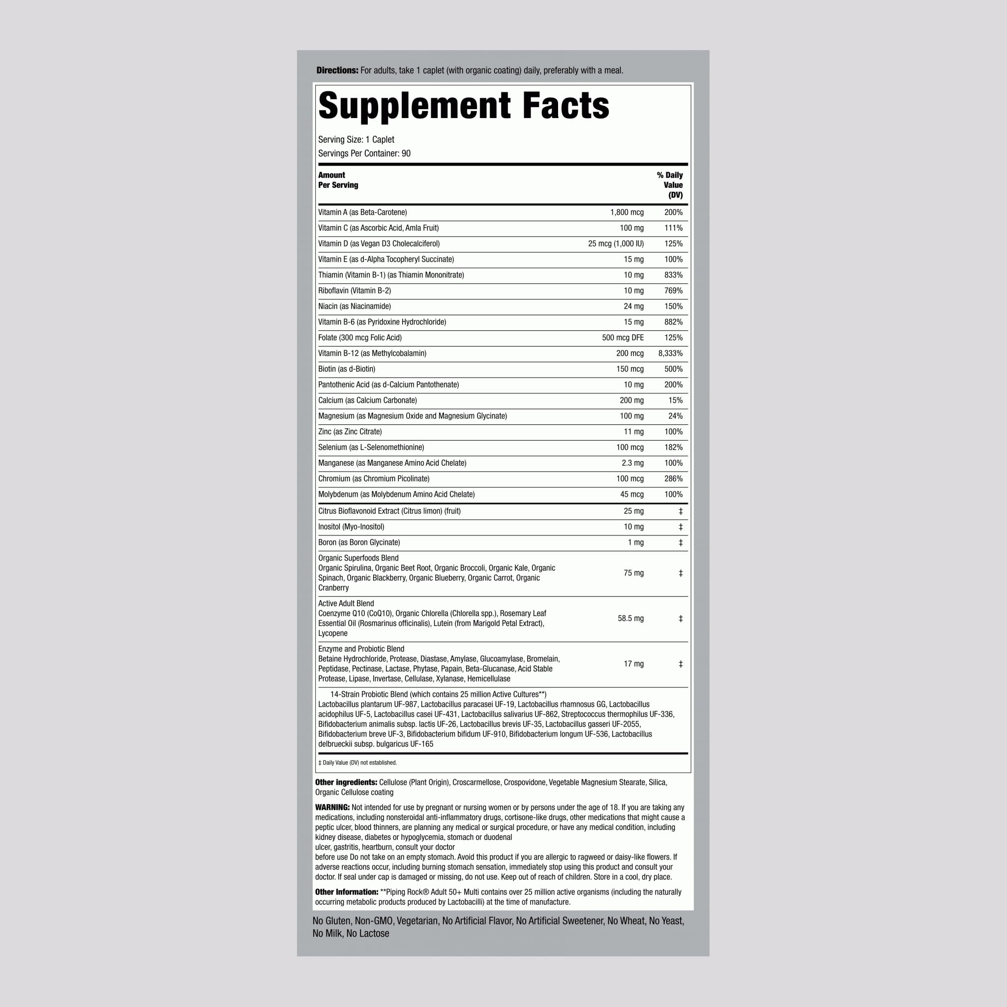 Piping Rock Multivitamins 90 coated caplets in a close-up view