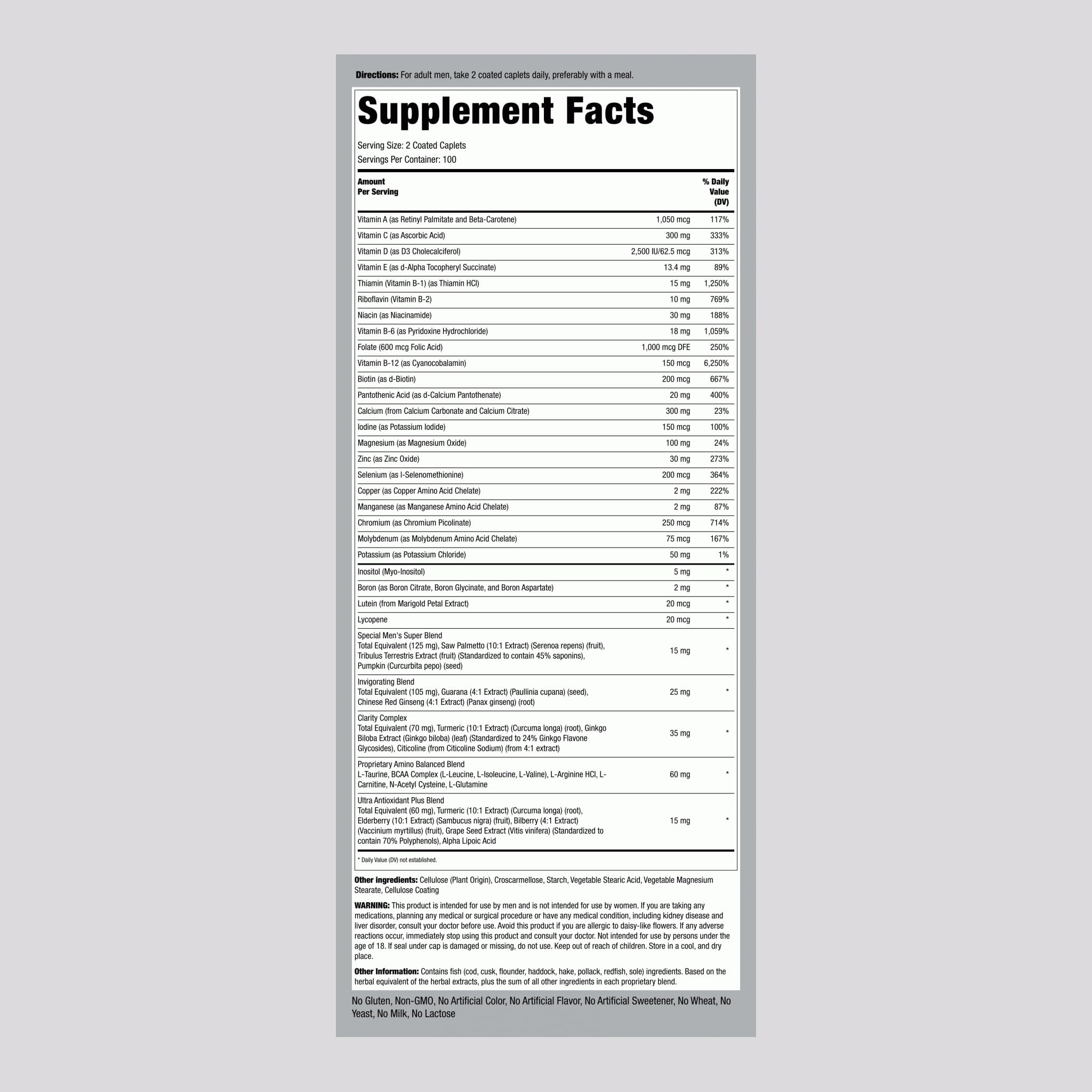 Piping Rock Multivitamins for Men 50+ back view with ingredient list