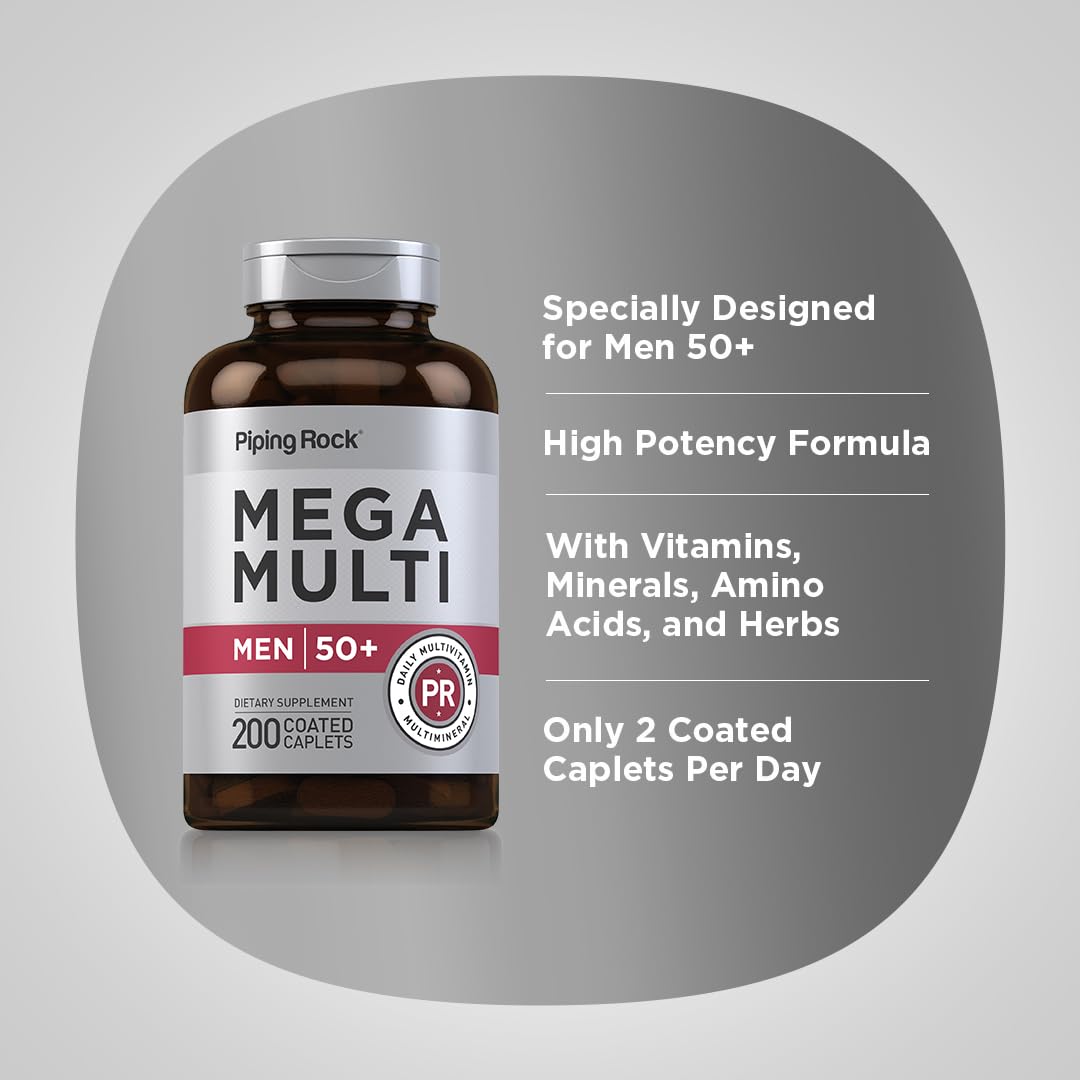 Piping Rock Multivitamins for Men 50+ packaging on a kitchen table