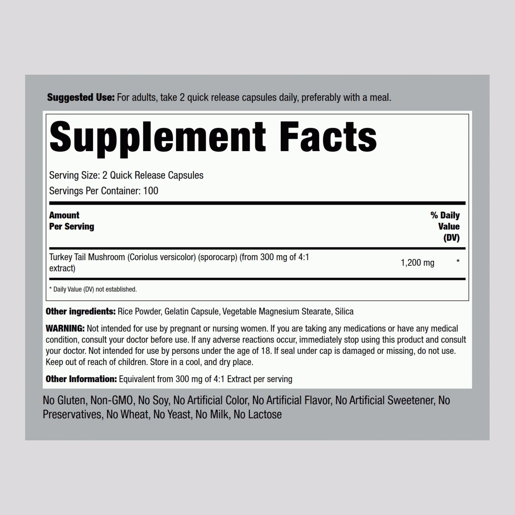 Piping Rock Mushroom Supplement 110g side view showing capsule details