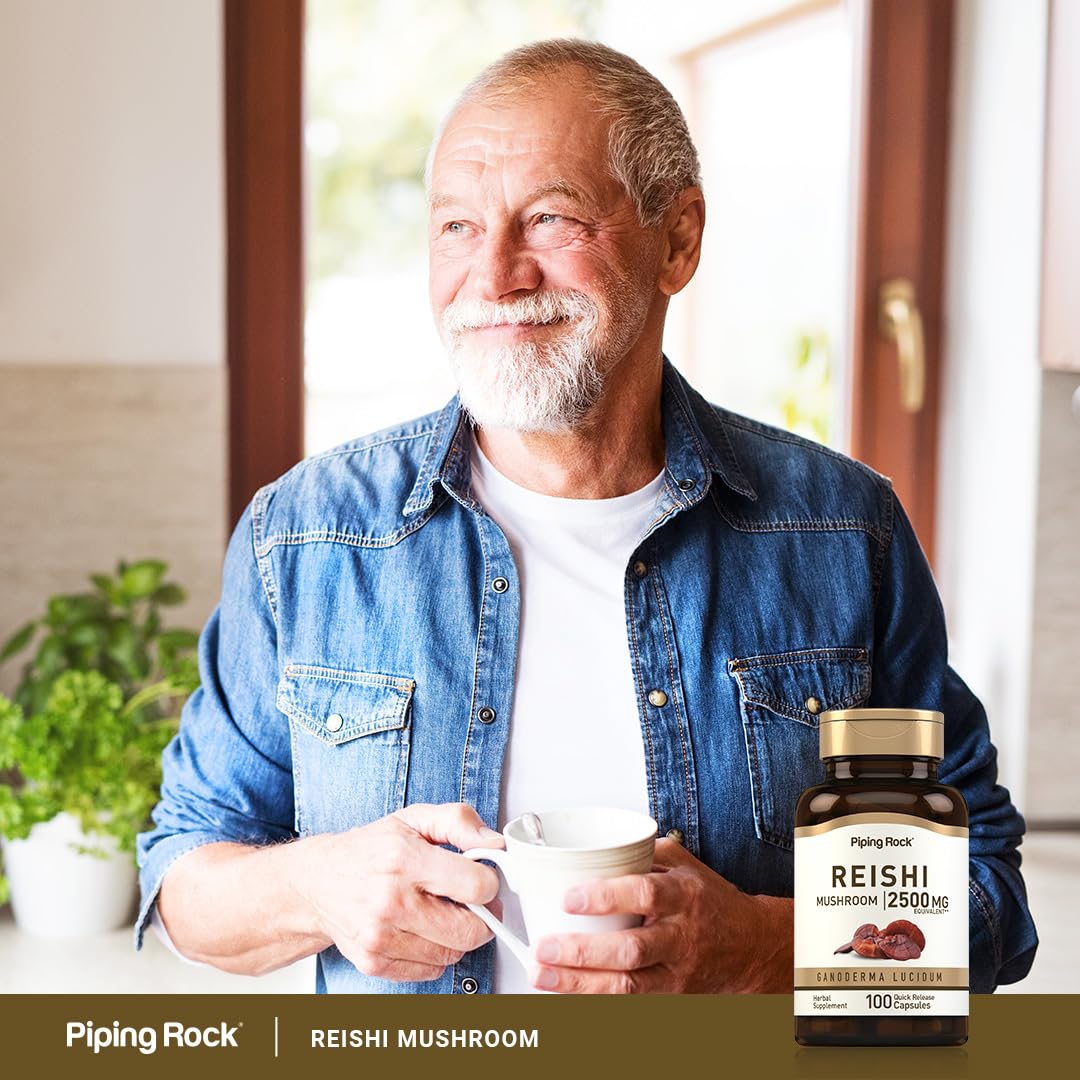 Piping Rock Mushroom Supplement capsules in hand