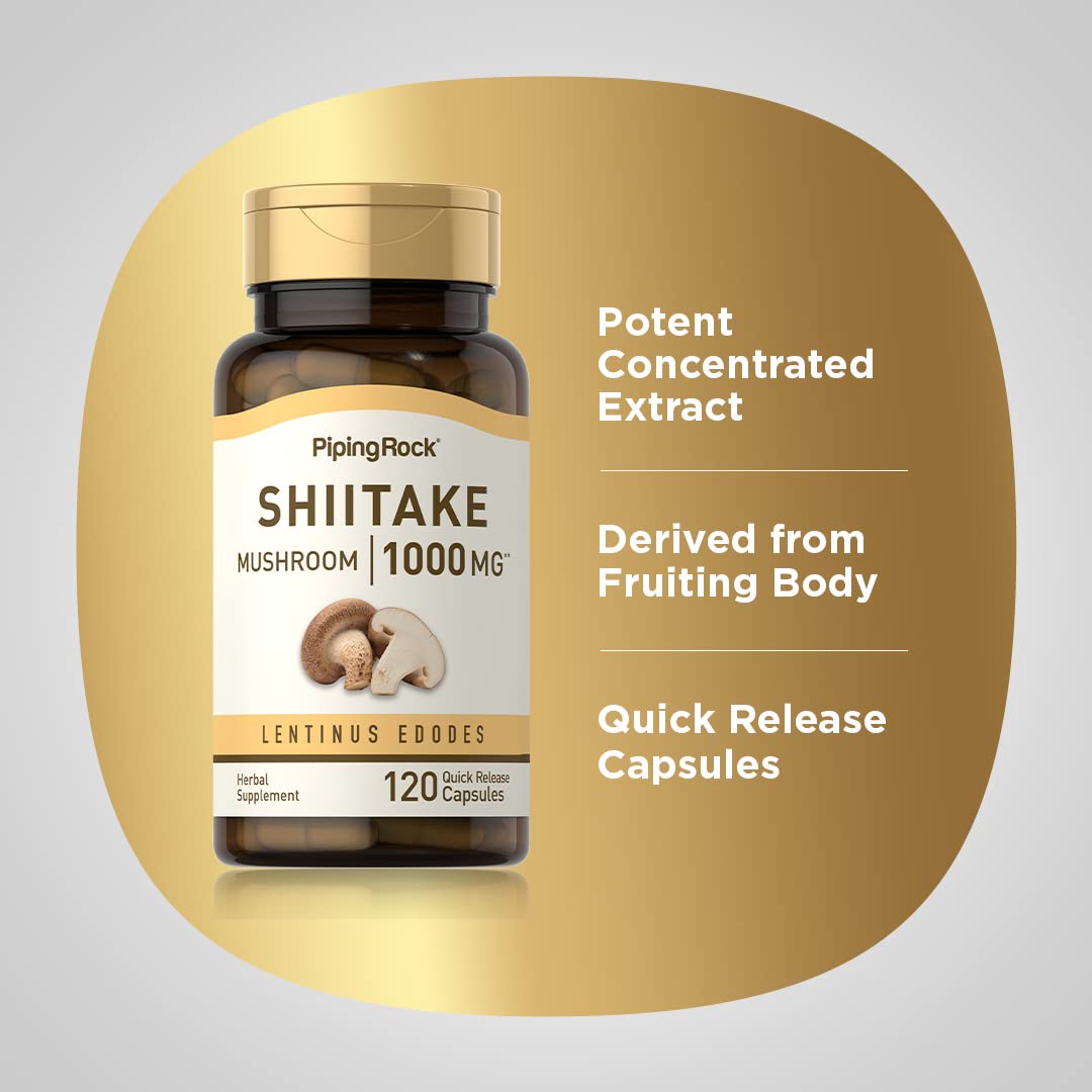 Piping Rock Mushroom Supplement capsules on a wooden surface