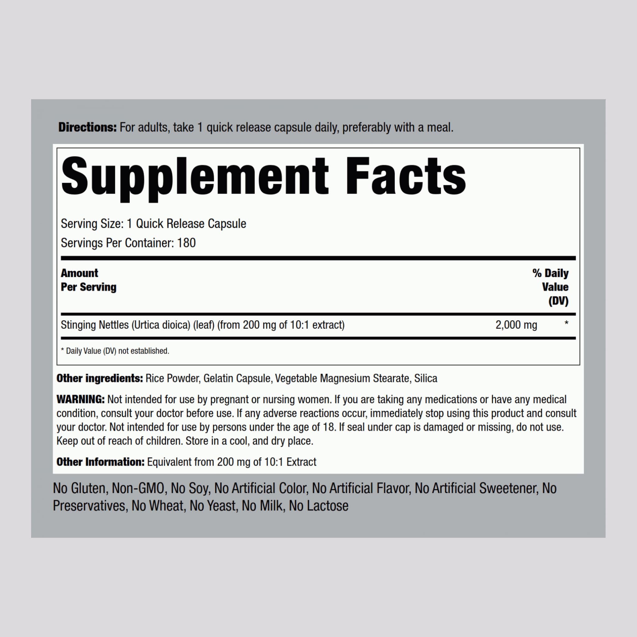 Piping Rock Nettle Super Concentrated Extract 100 Capsules side view