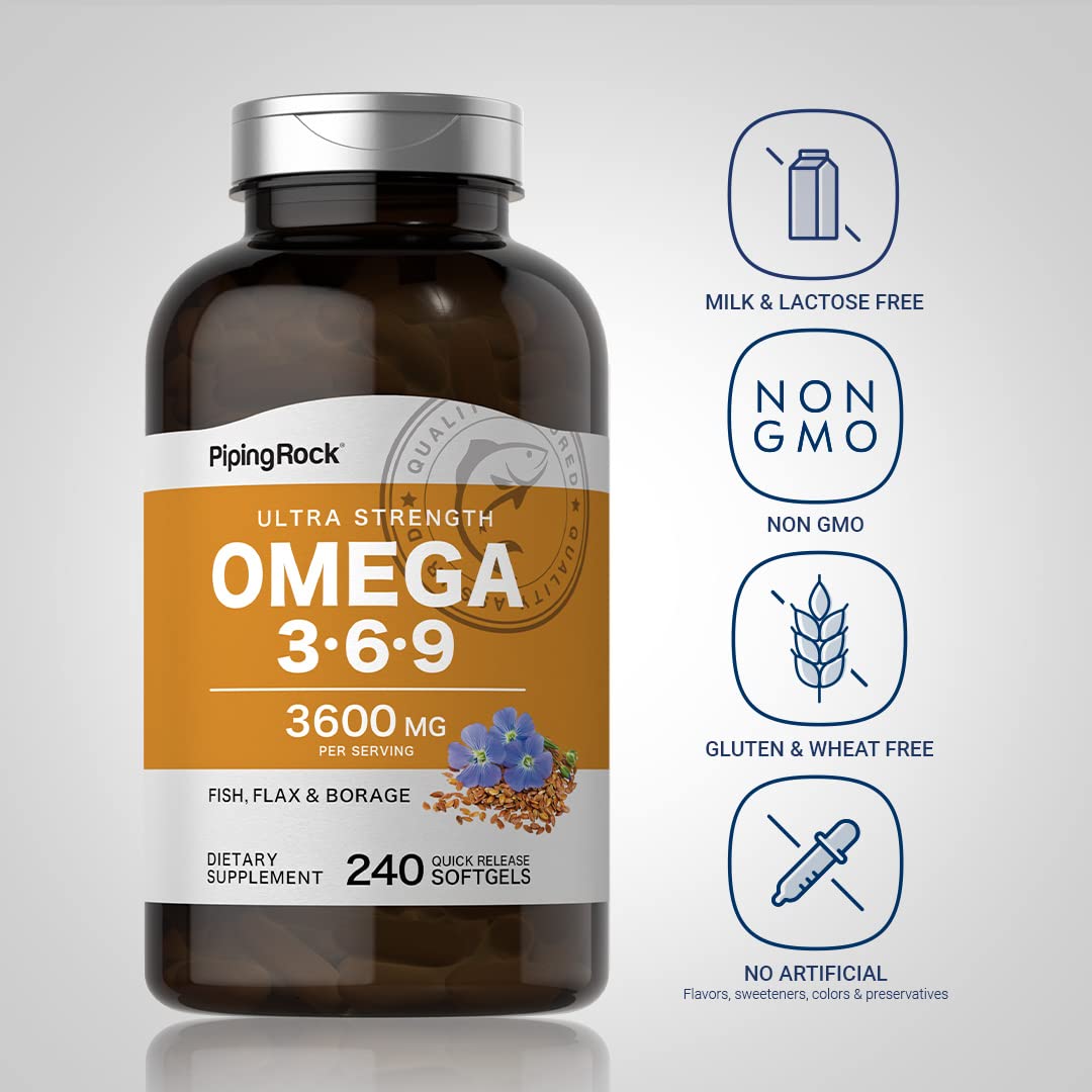 Piping Rock Omega-3 Fish Flax Borage Oil 472g capsule close-up