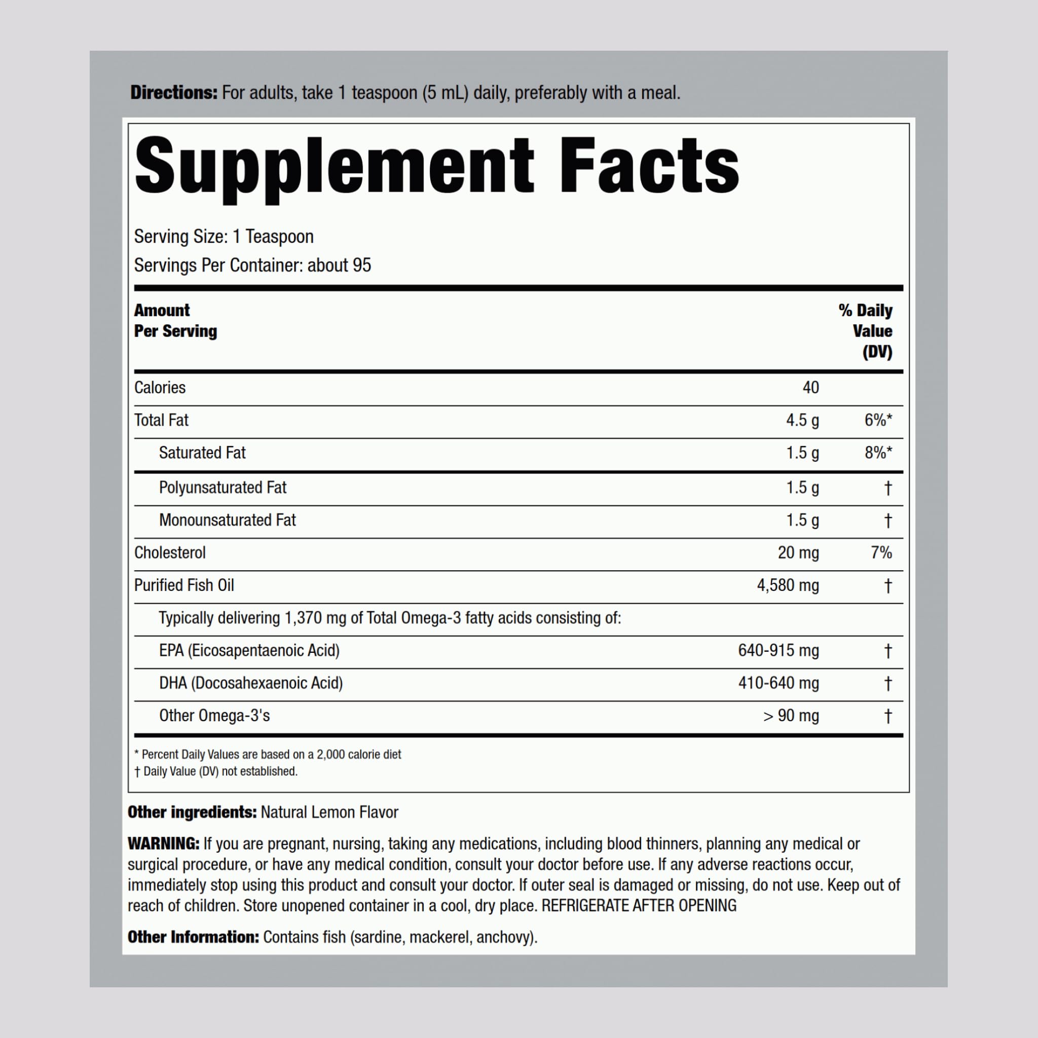 Piping Rock Omega-3 Fish Oil 481g liquid bottle side view