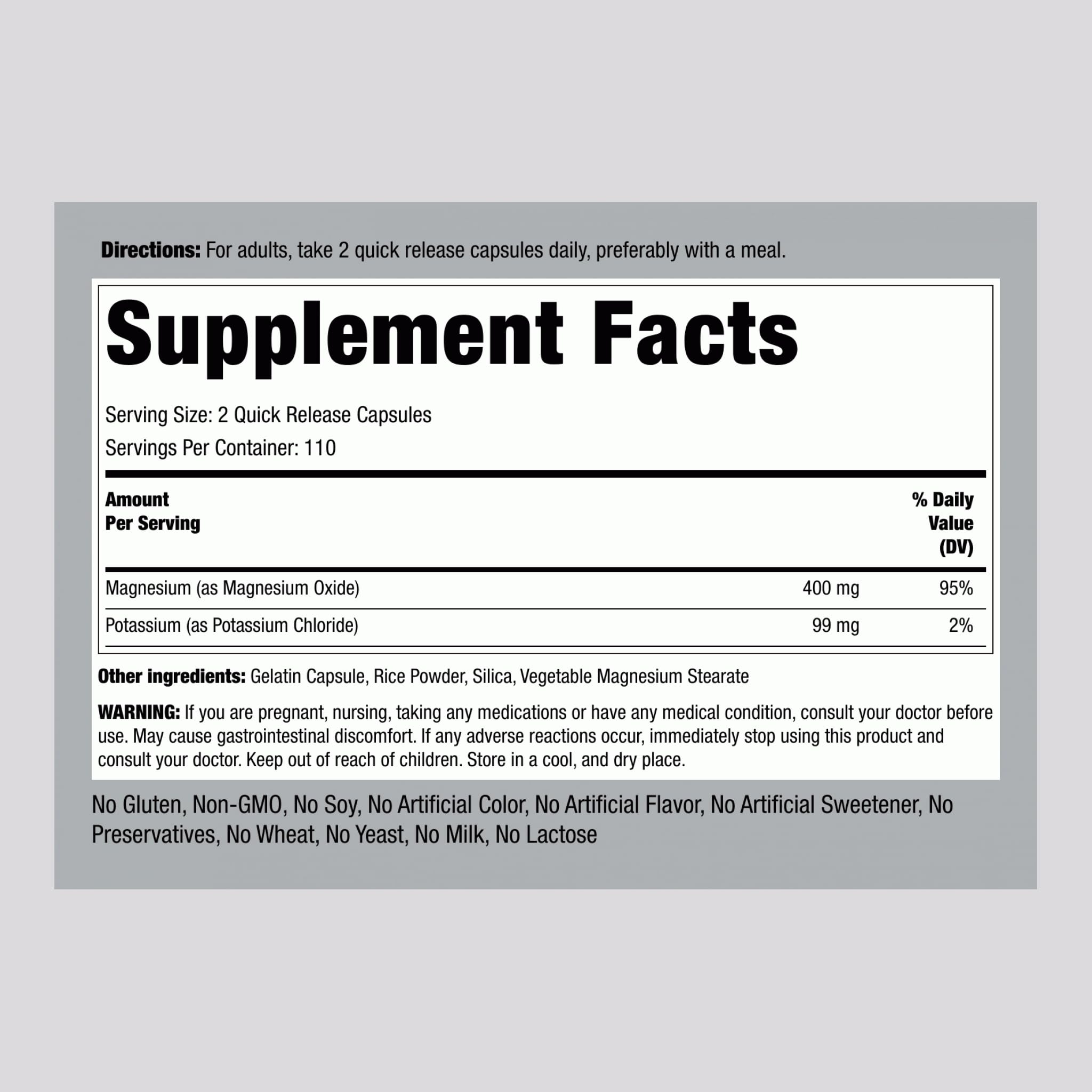 Piping Rock Potassium and Magnesium Capsules bottle side view