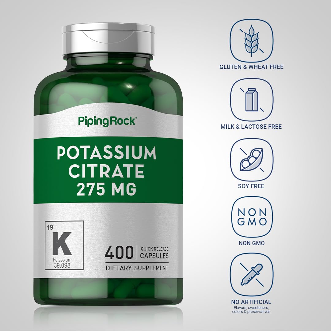 Piping Rock Potassium Citrate capsules on a wooden table