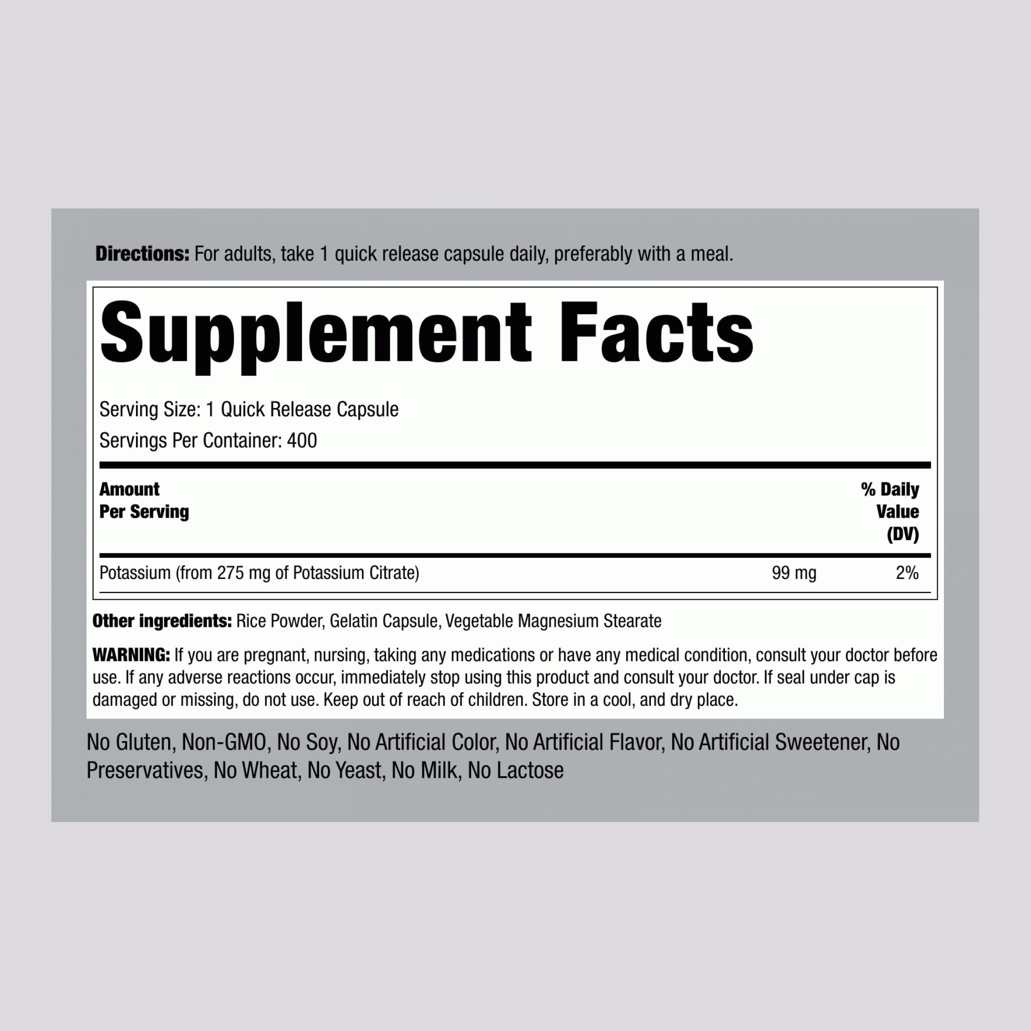 Piping Rock Potassium Citrate supplement side view with label