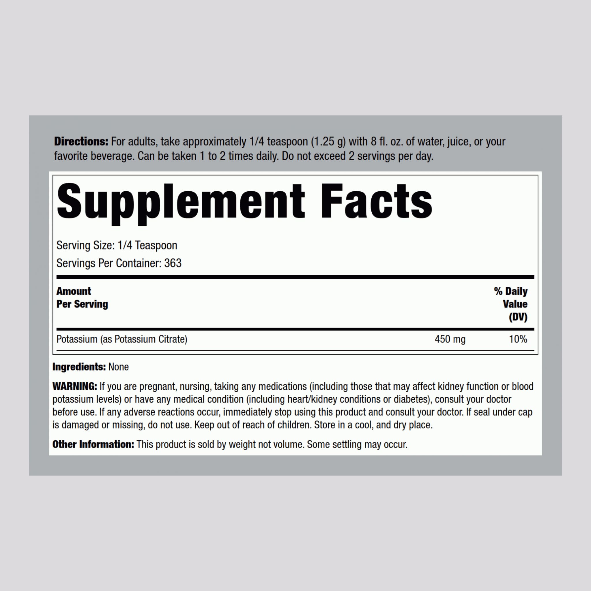 Piping Rock Potassium Powder 454g packaging