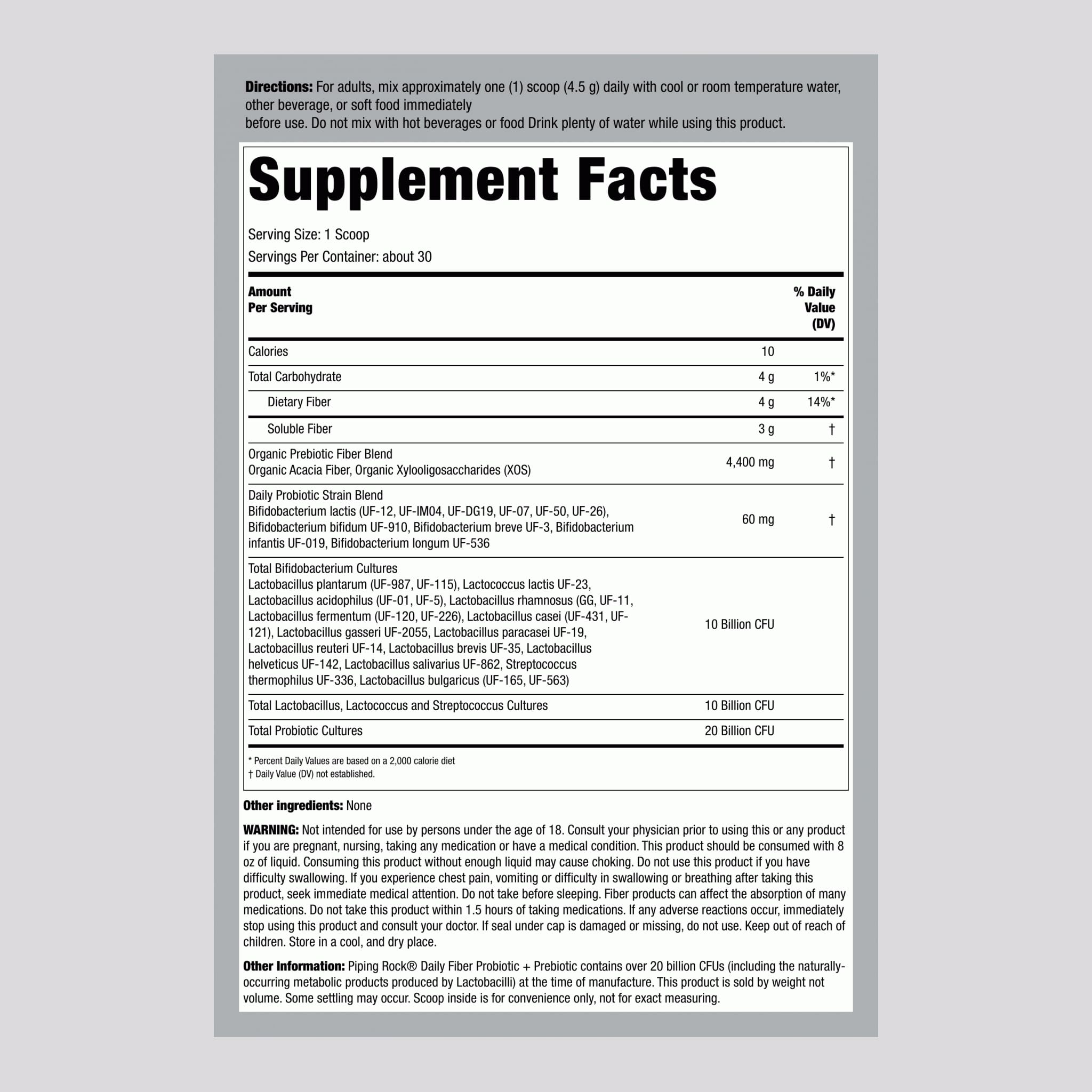 Piping Rock Prebiotic Powder 189g packaging