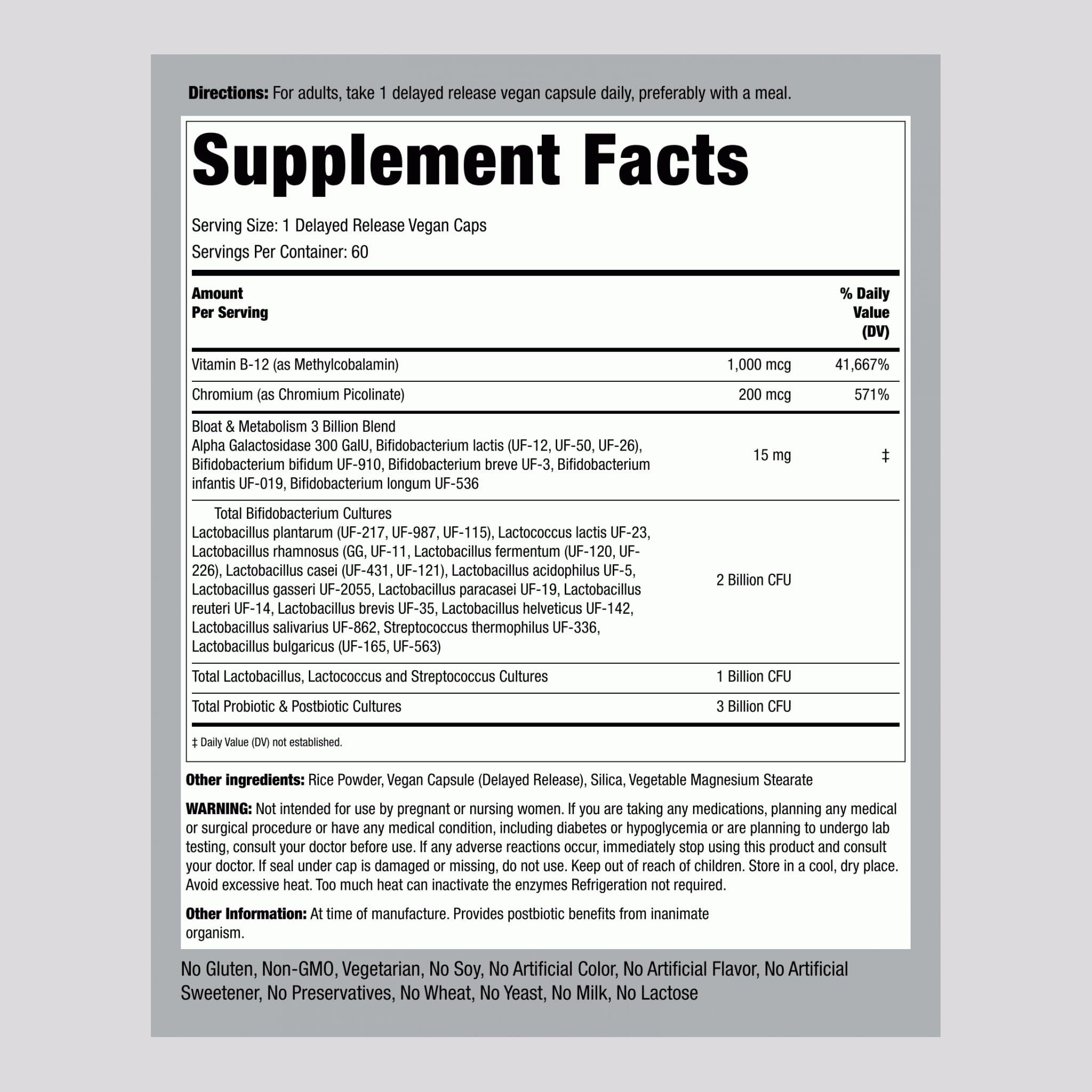 Piping Rock Probiotic Capsules 50g back view with ingredients