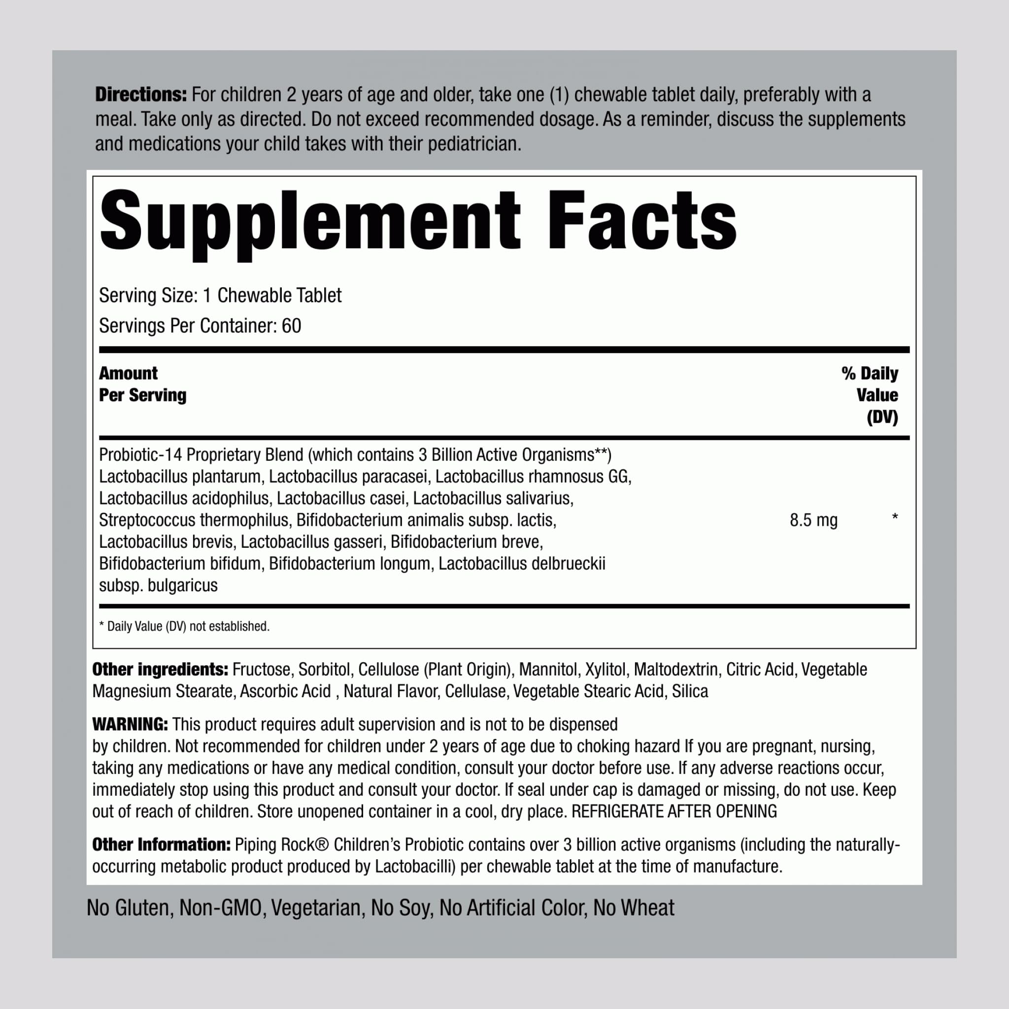 Piping Rock Probiotic Chewables bottle side view
