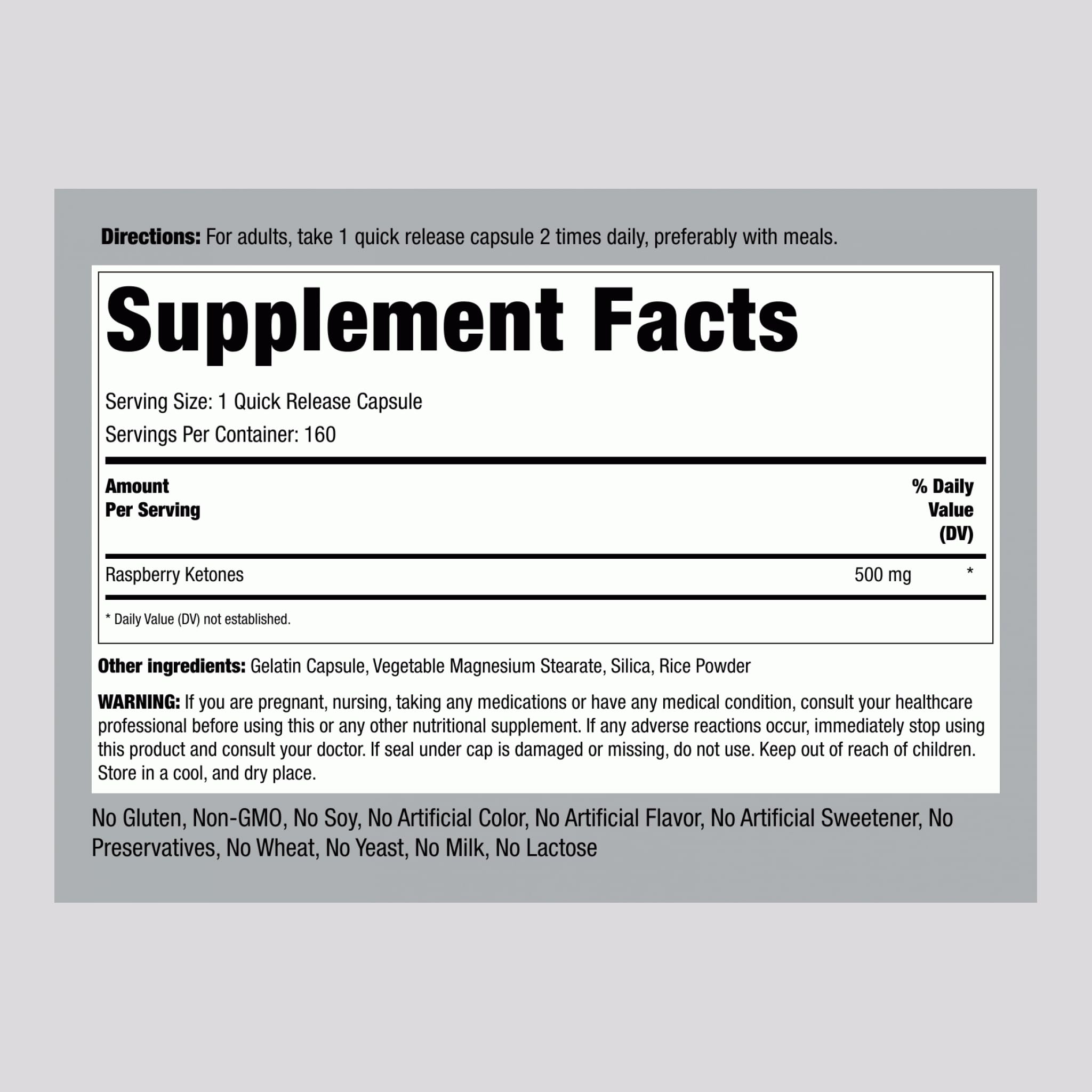Piping Rock Raspberry Ketones 500 mg supplement side view
