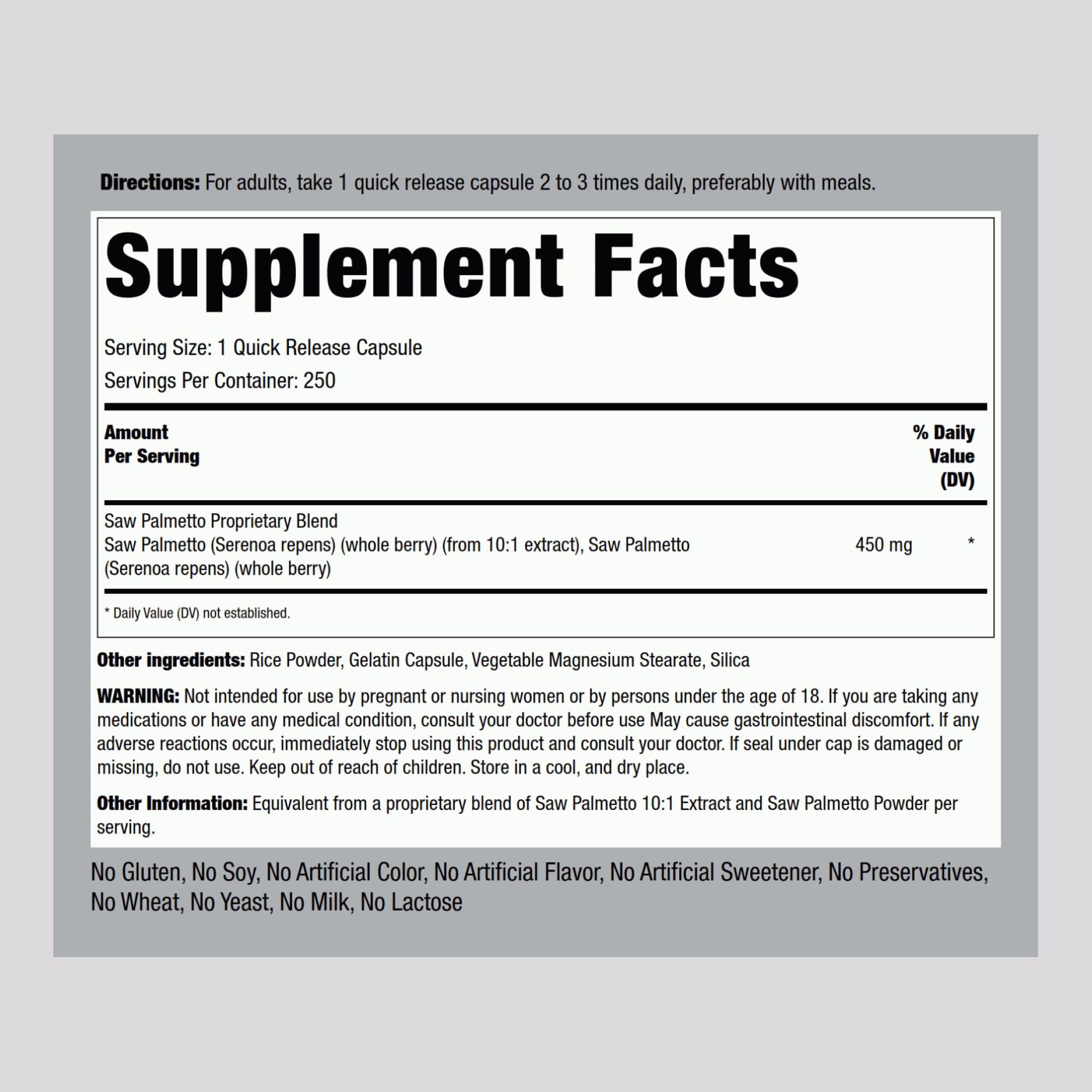 Piping Rock Saw Palmetto Extract 159g capsule bottle side view