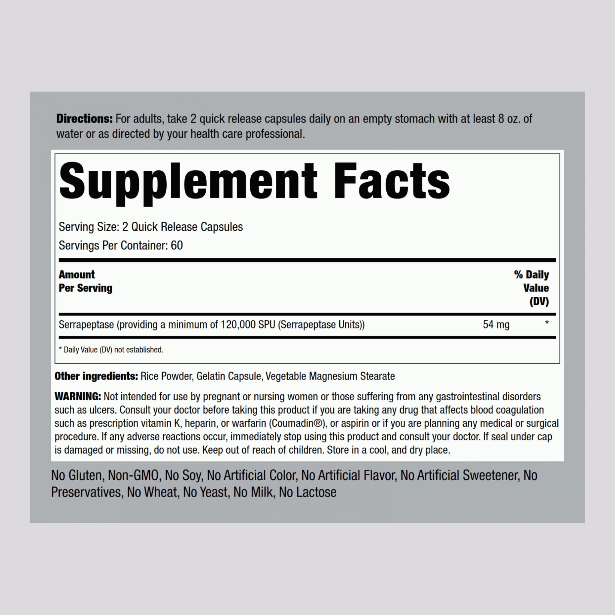 Piping Rock Serratiopeptidase 120000 SPU capsules side view