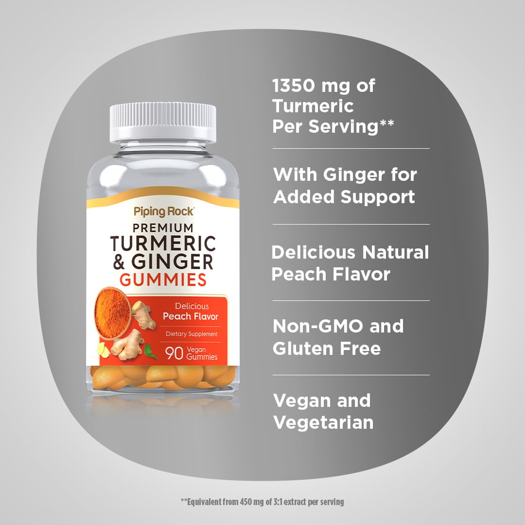 Piping Rock Turmeric and Ginger Gummies on a wooden table
