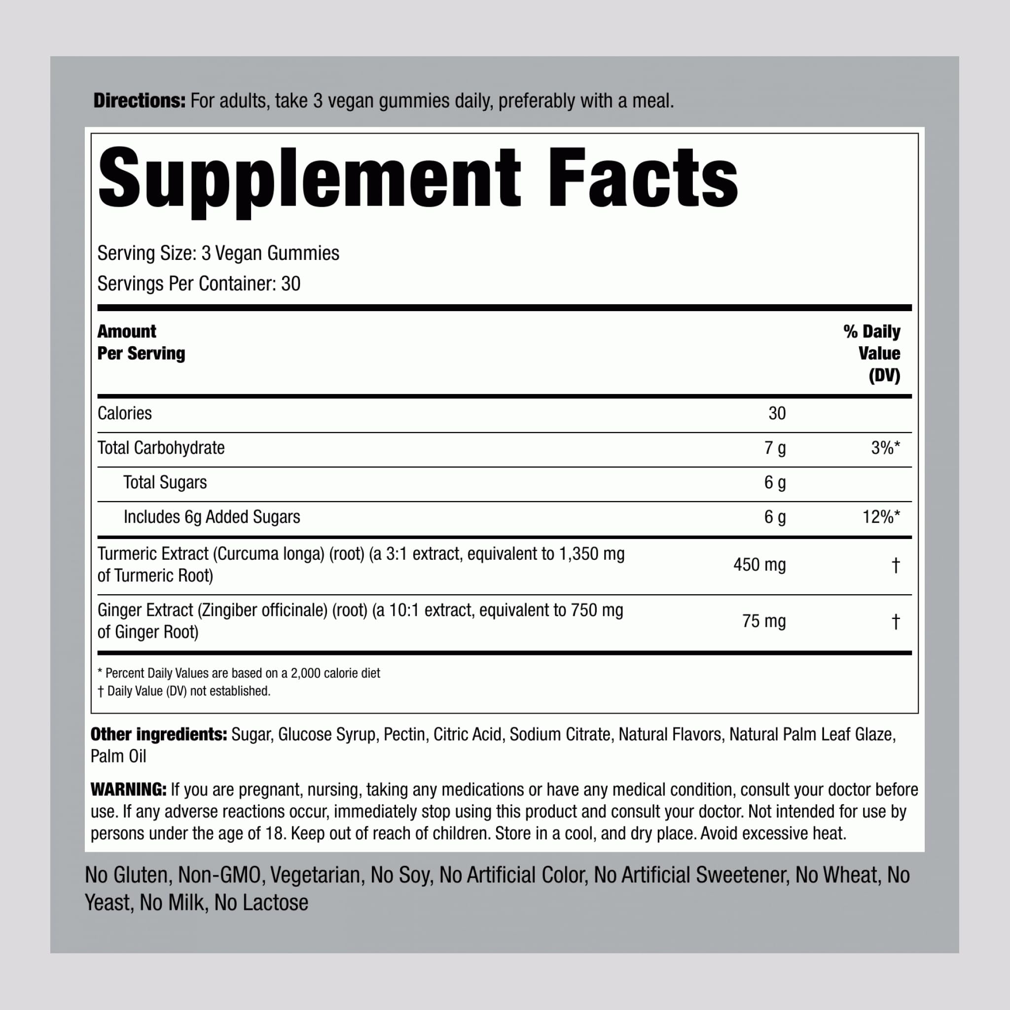 Piping Rock Turmeric and Ginger Gummies side view showing nutrition facts