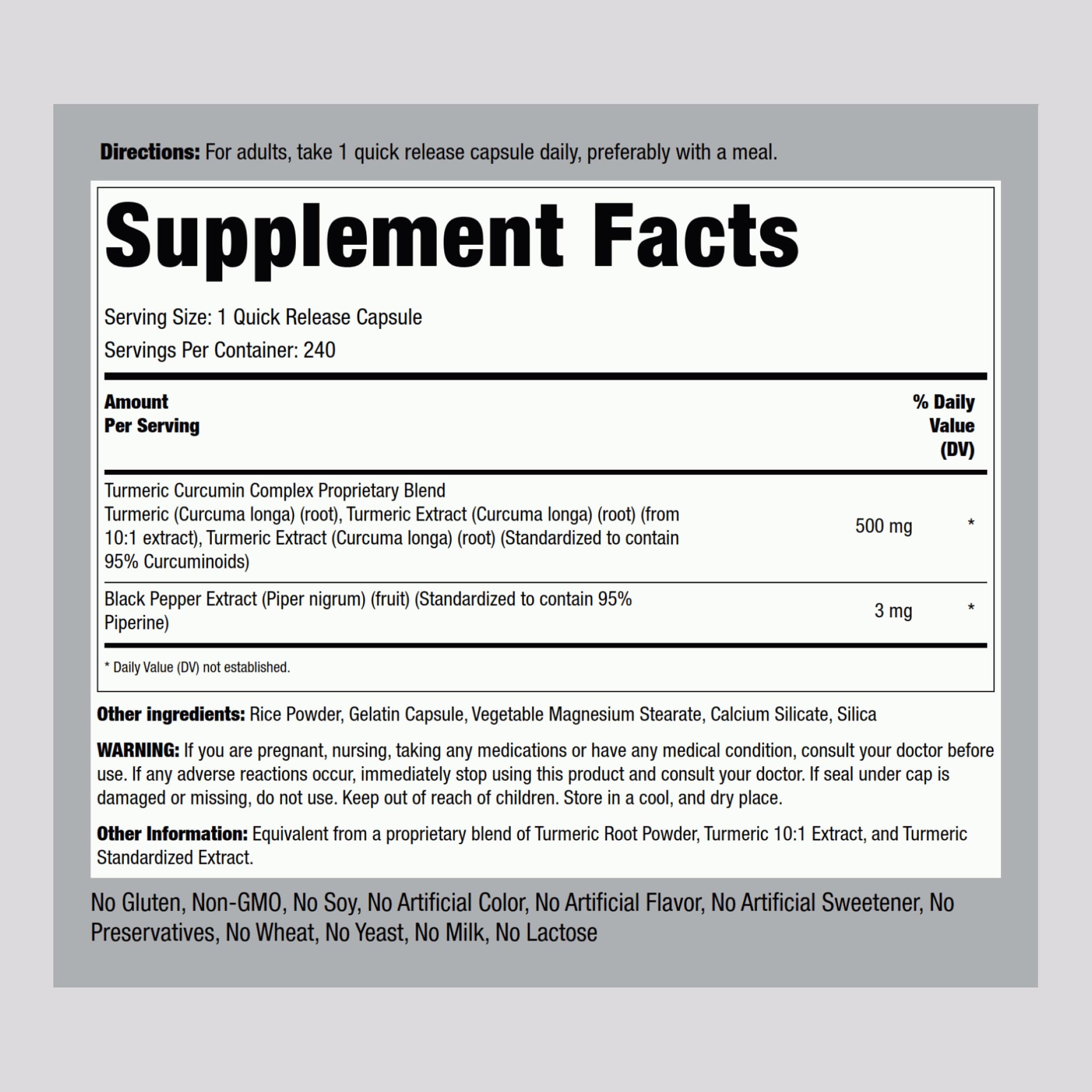 Piping Rock Turmeric Capsules label close-up