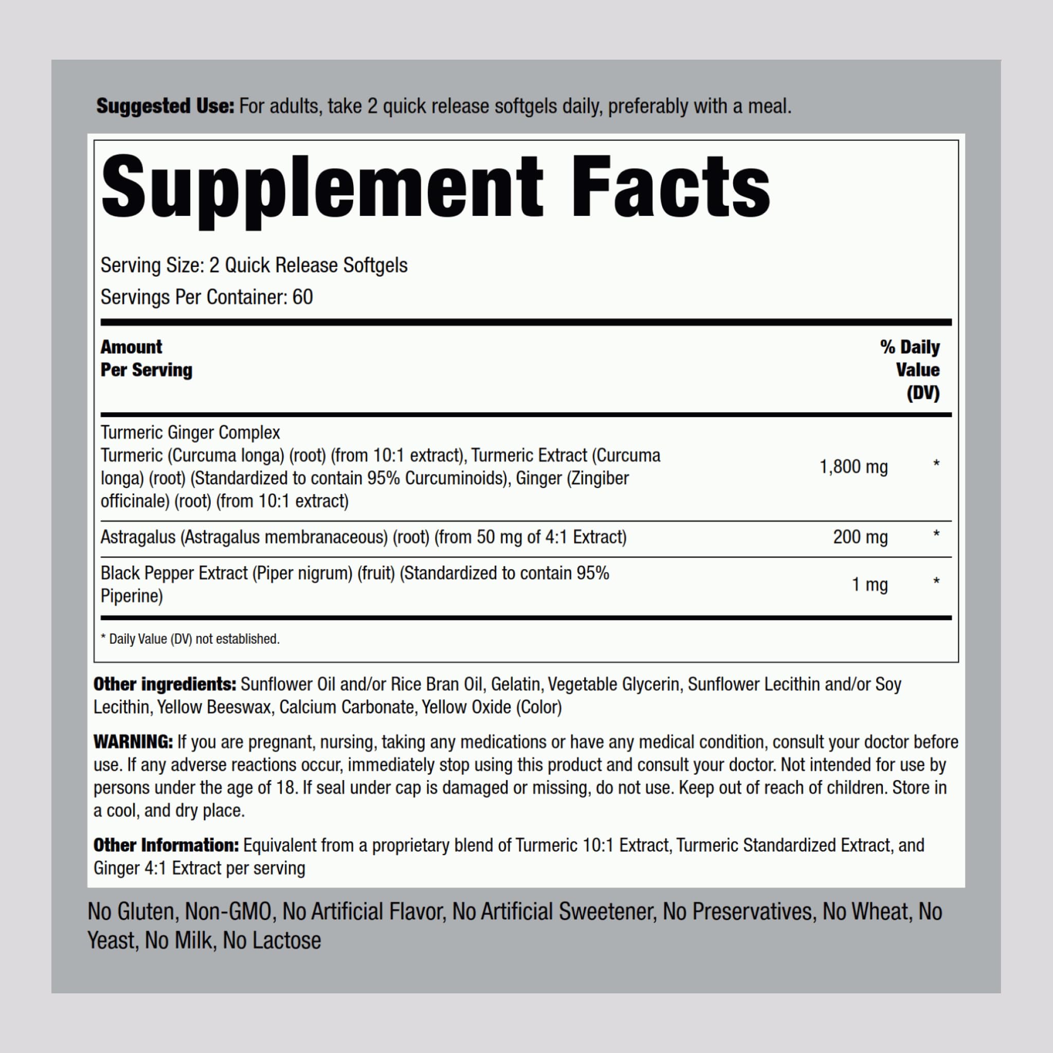 Piping Rock Turmeric Supplement side view showing capsule details