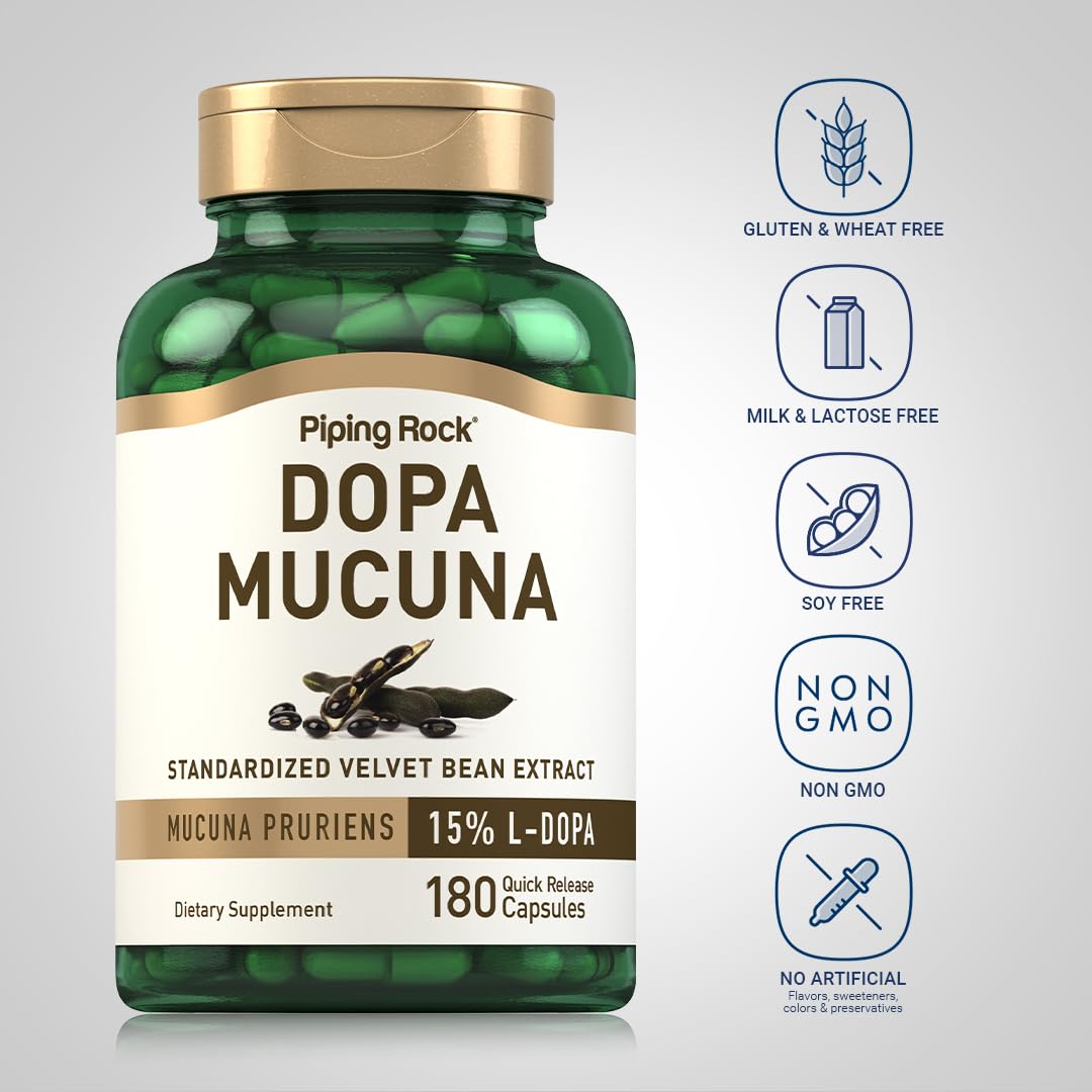 Piping Rock Velvet Bean Extract 15% L-DOPA capsules on a wooden table