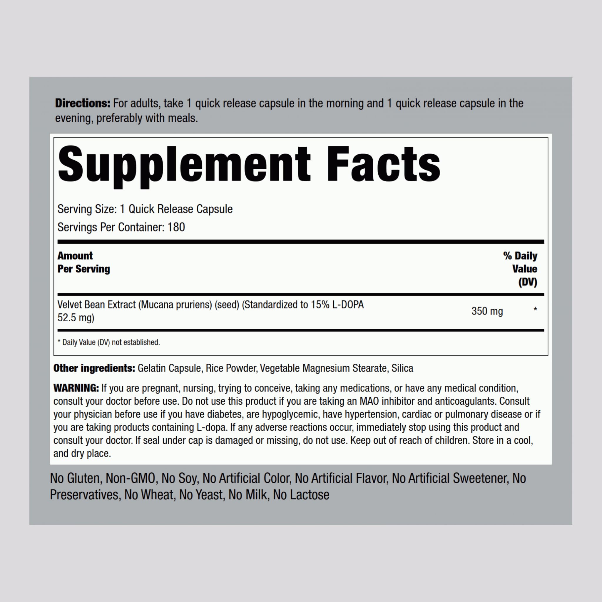 Piping Rock Velvet Bean Extract 15% L-DOPA quick release capsules side view