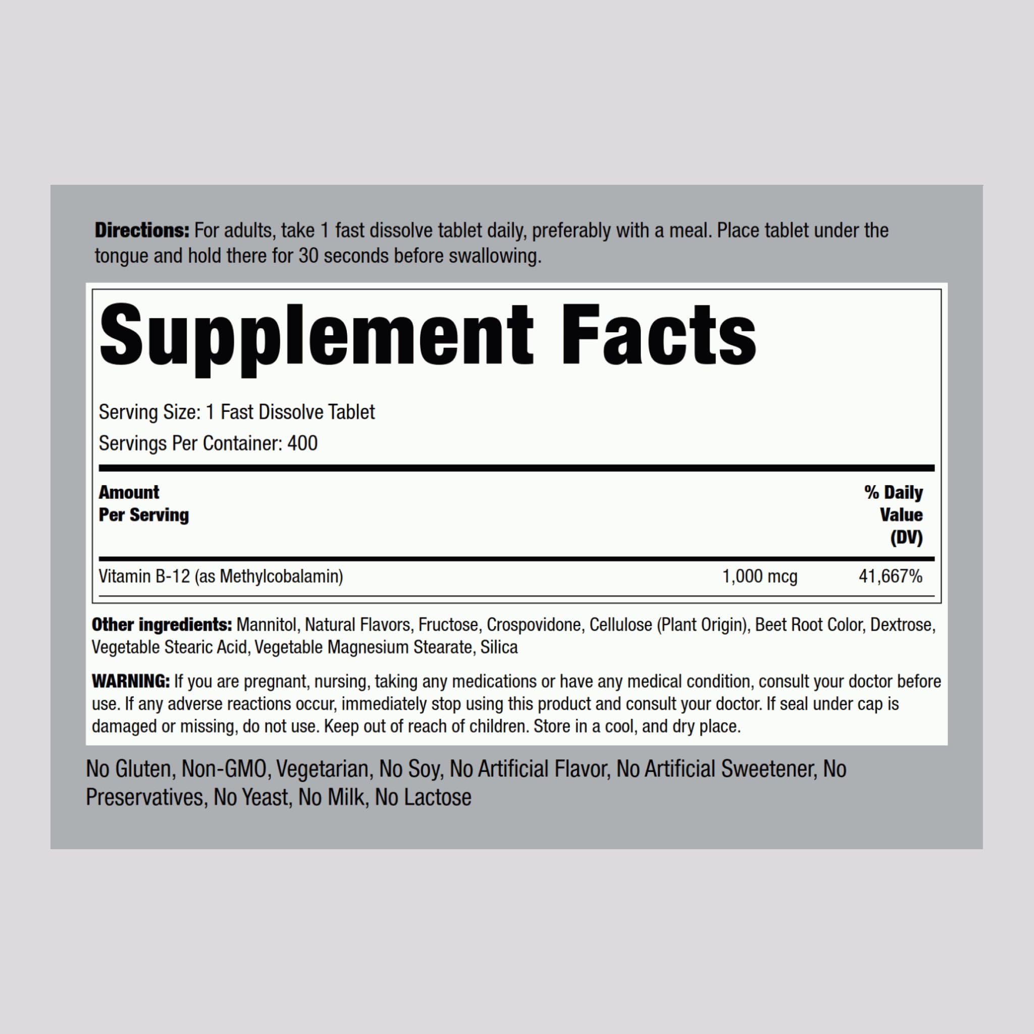 Piping Rock Vitamin B12 Methylcobalamin 1000mcg Fast Dissolve Tablets packaging