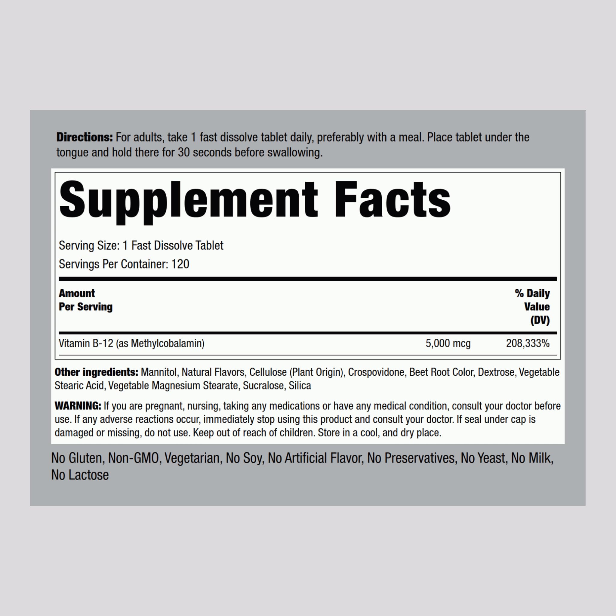 Piping Rock Vitamin B12 Methylcobalamin 5000mcg tablet packaging