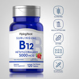 Piping Rock Vitamin B12 Methylcobalamin 5000mcg tablets on a wooden surface