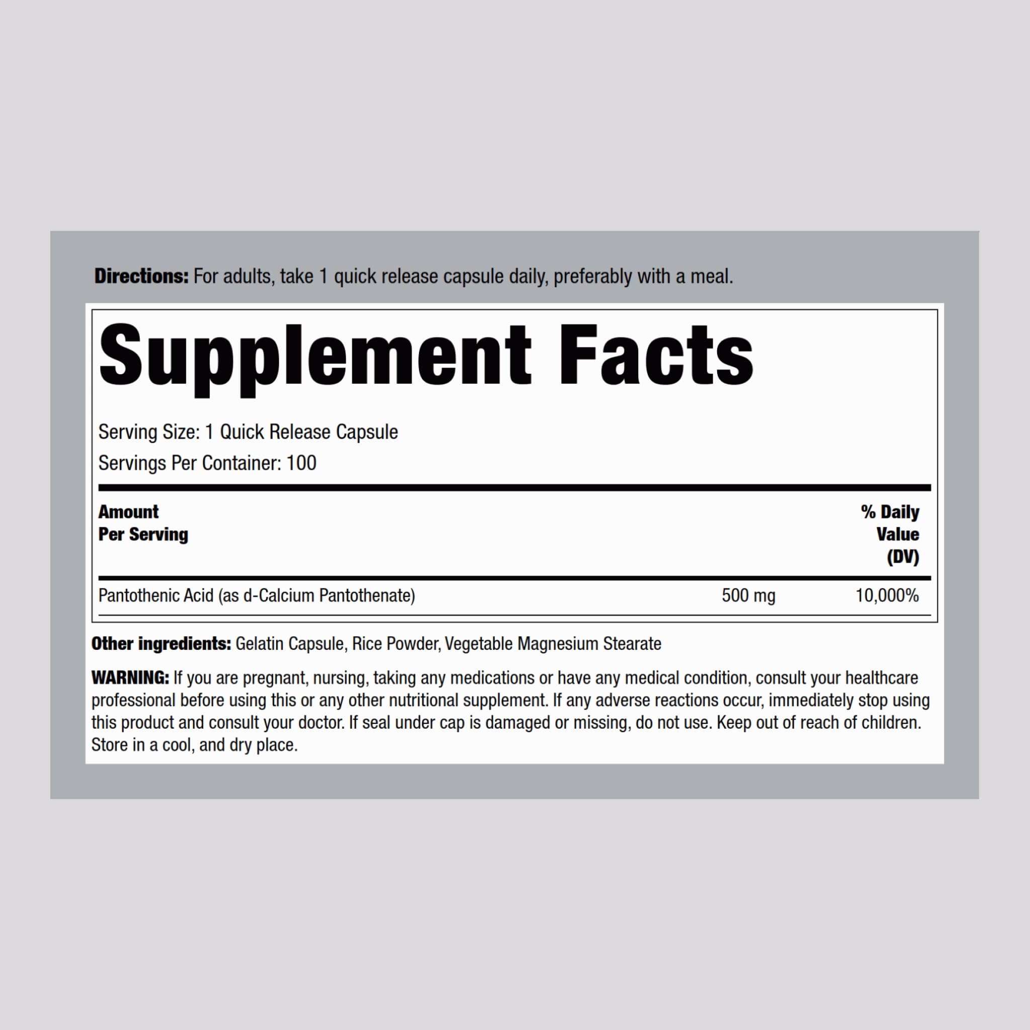 Piping Rock Vitamin B5 500mg capsules side view