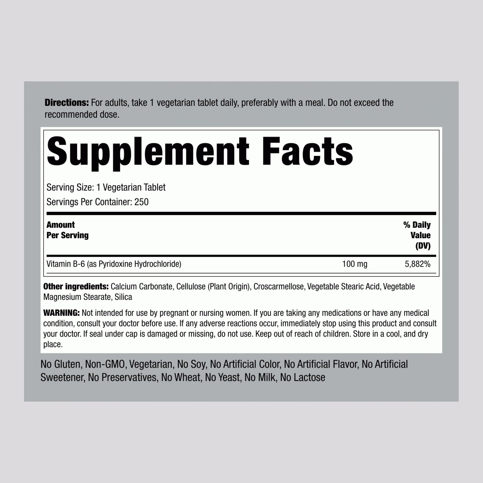 Piping Rock Vitamin B6 100mg supplement side view