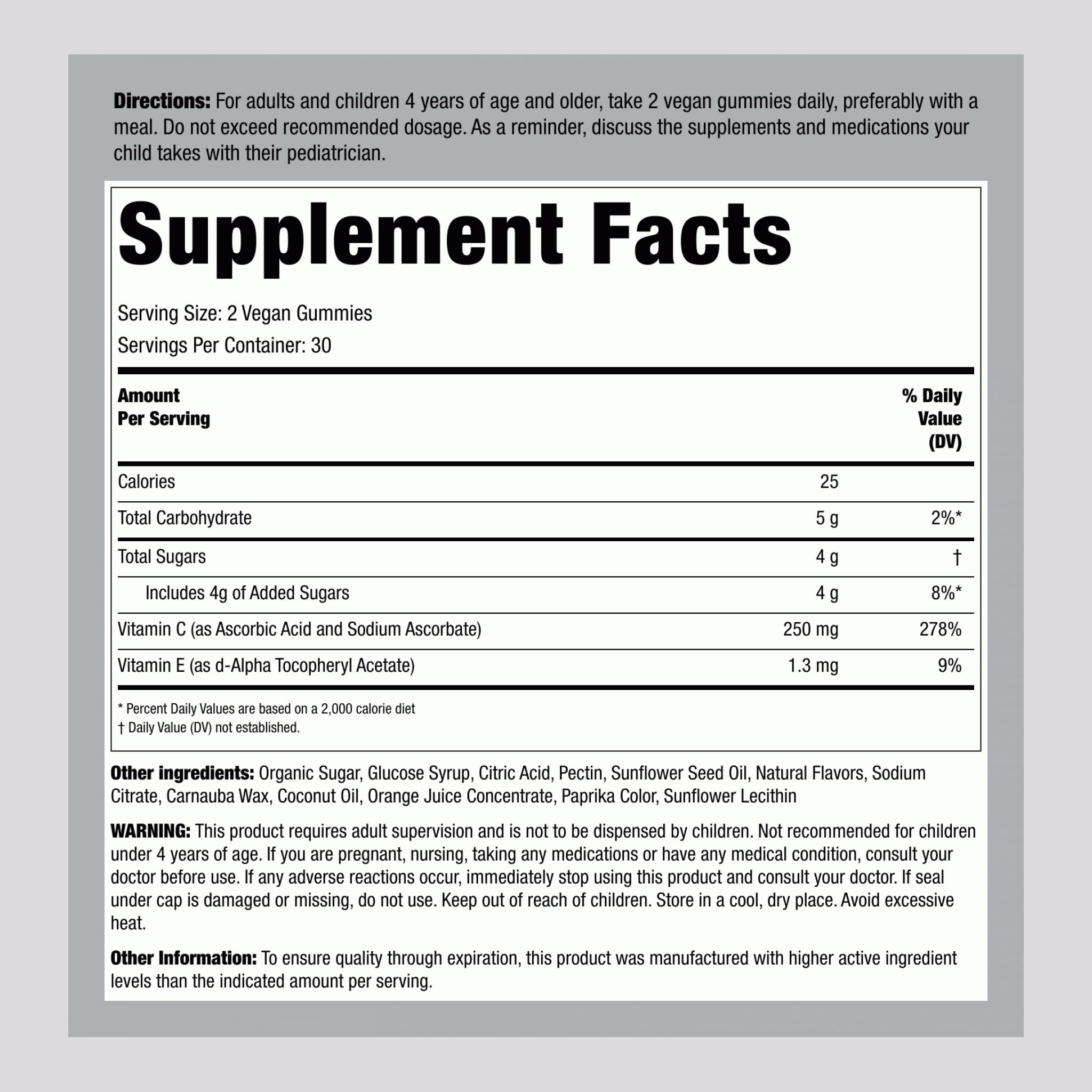 Piping Rock Vitamin C + E Gummies 240g packaging