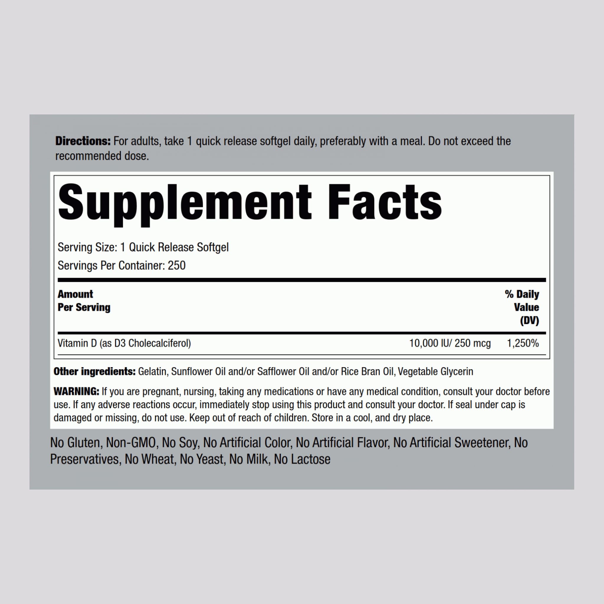 Piping Rock Vitamin D3 10,000 IU softgels side view