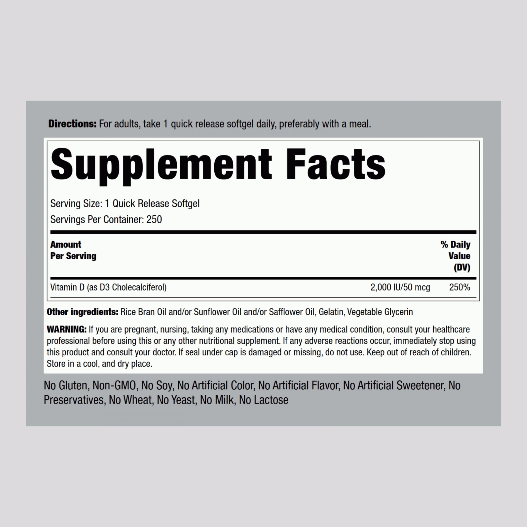 Piping Rock Vitamin D3 50 mcg softgel bottle with label