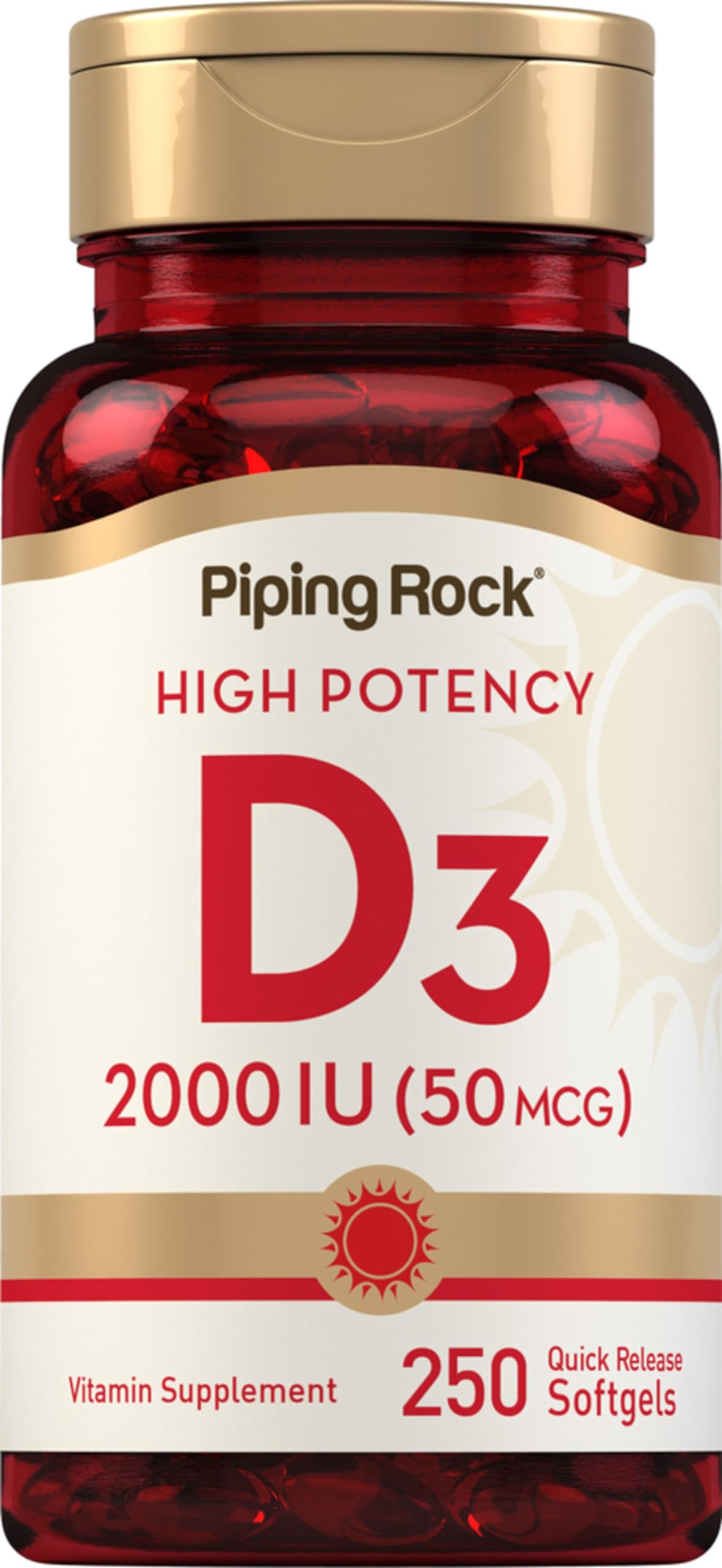 Piping Rock Vitamin D3 50 mcg softgel front view