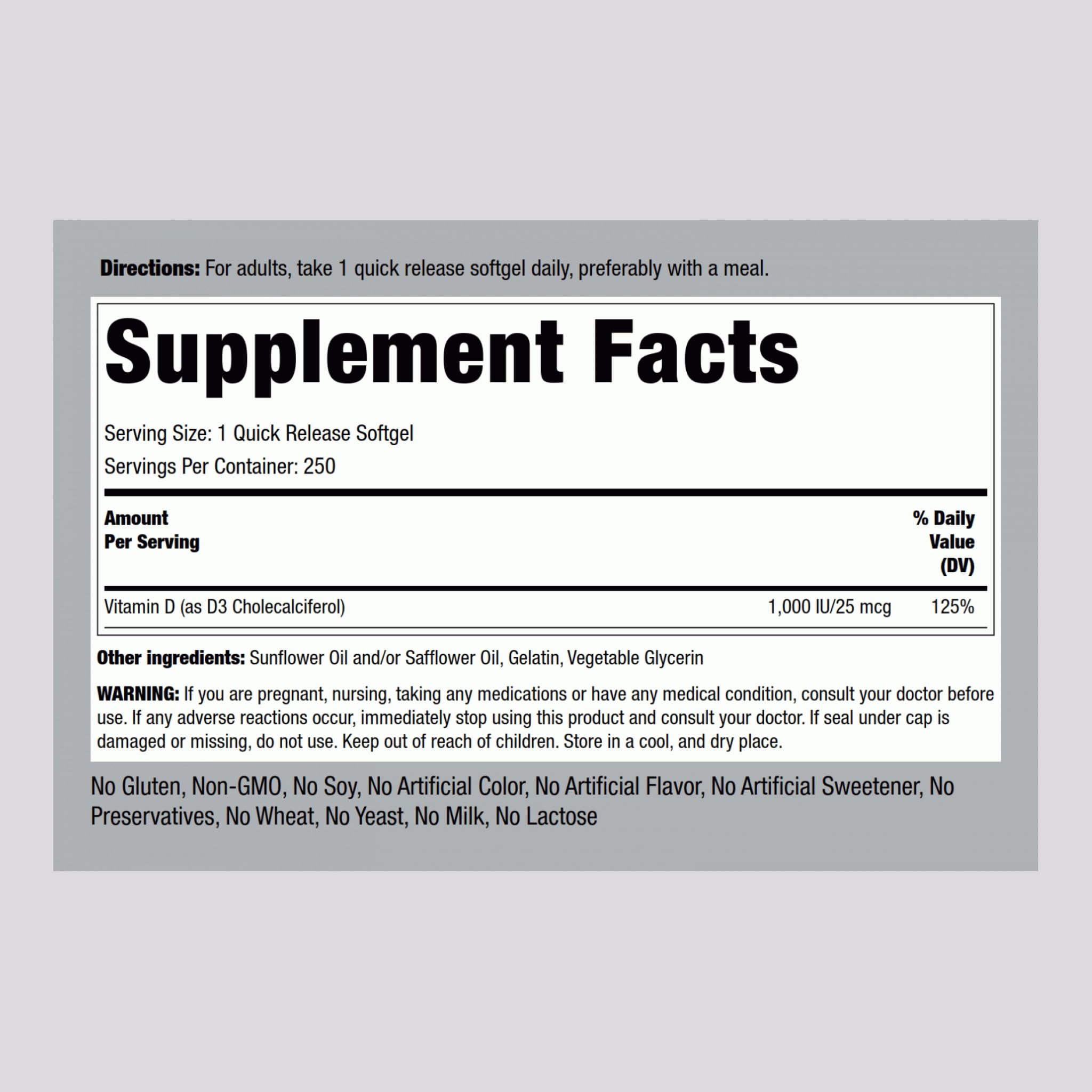 Piping Rock Vitamin D3 softgels bottle side view