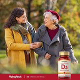 Piping Rock Vitamin D3 softgels on a wooden table