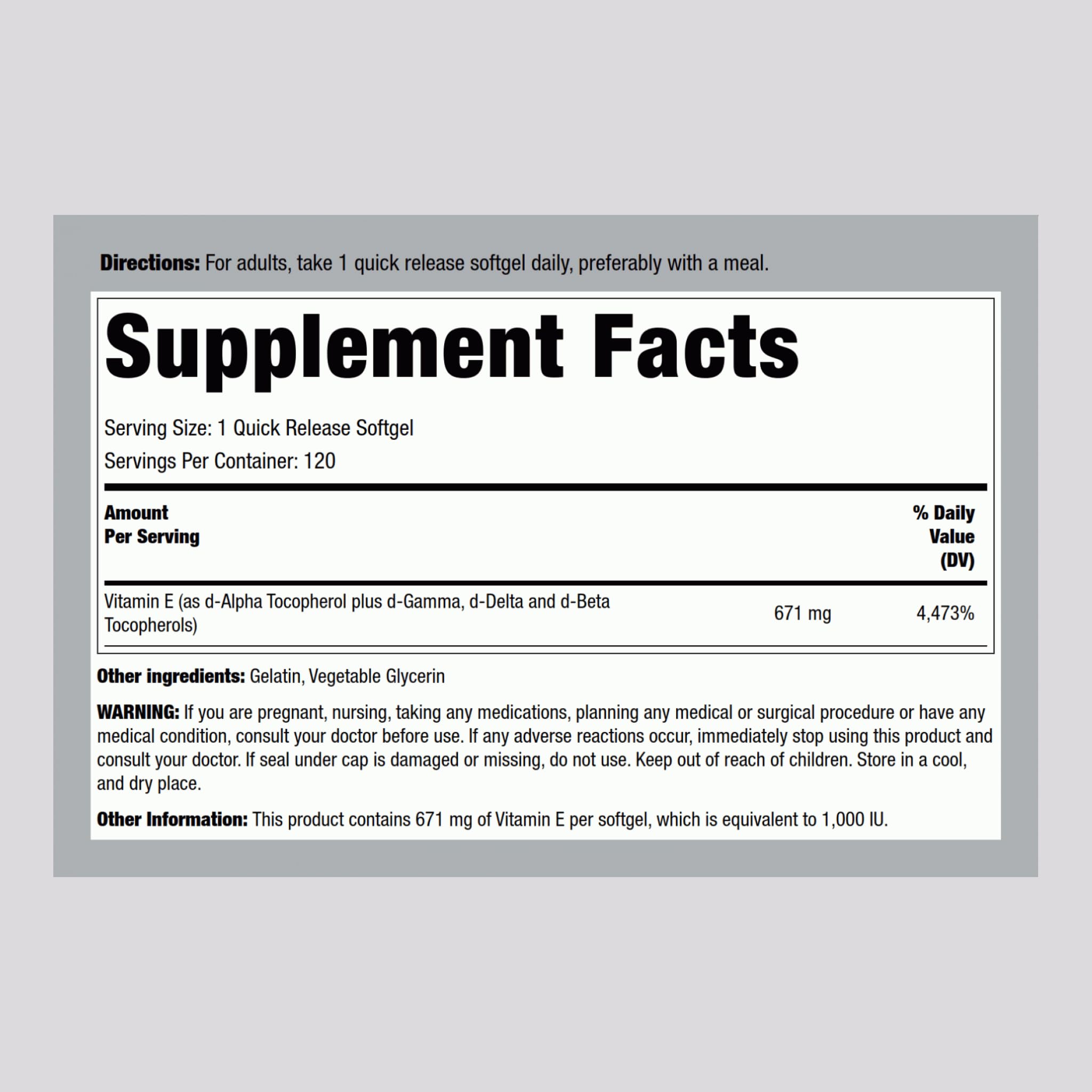 Piping Rock Vitamin E 400 IU softgel side view