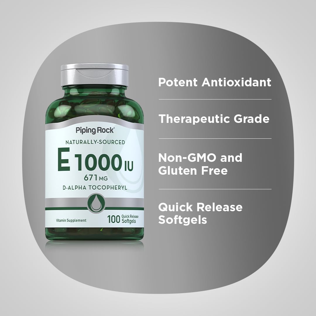 Piping Rock Vitamin E Softgels opened bottle with softgels
