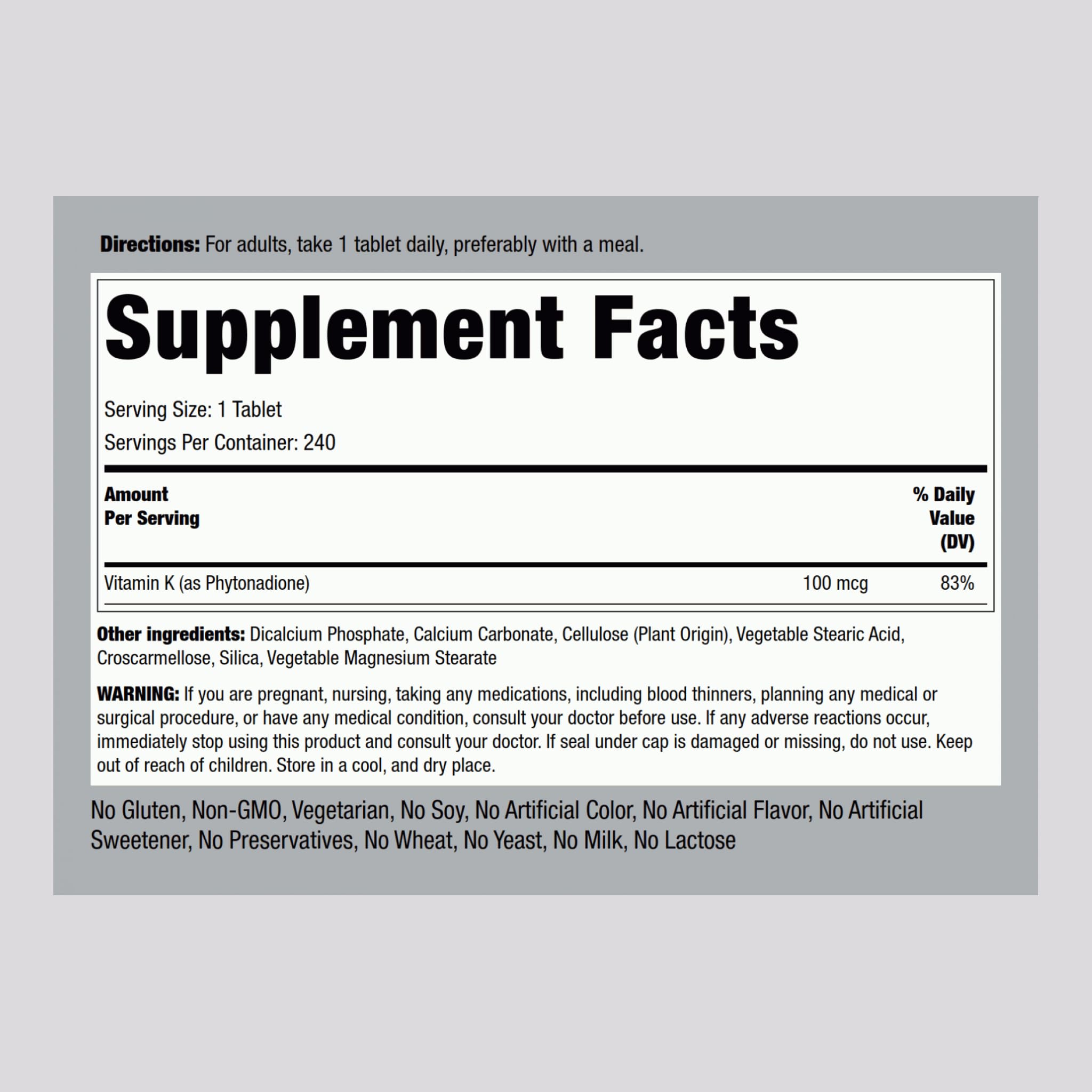 Piping Rock Vitamin K1 Supplement 118g side view showing tablet size