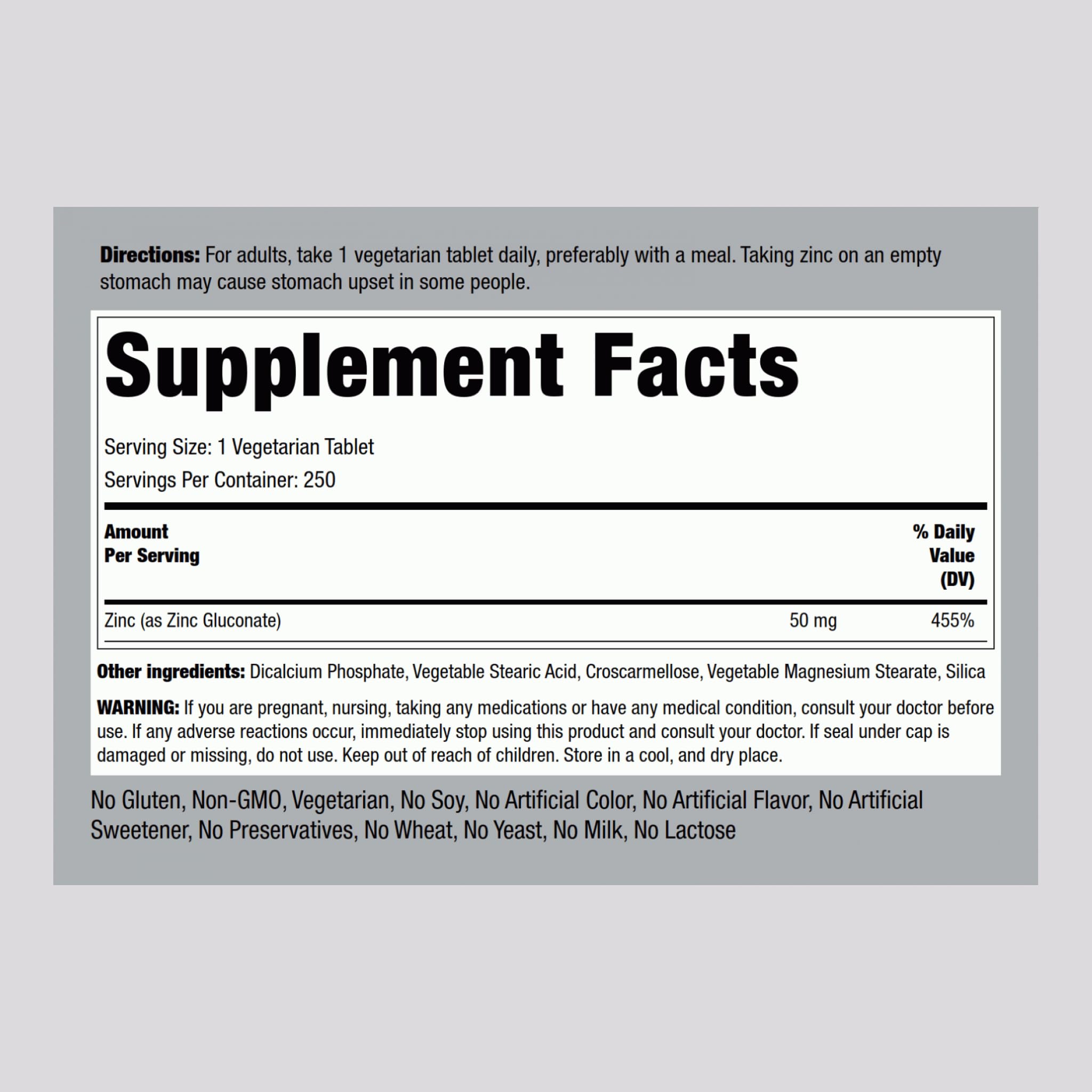 Piping Rock Zinc Chelated 141g side view with supplement facts