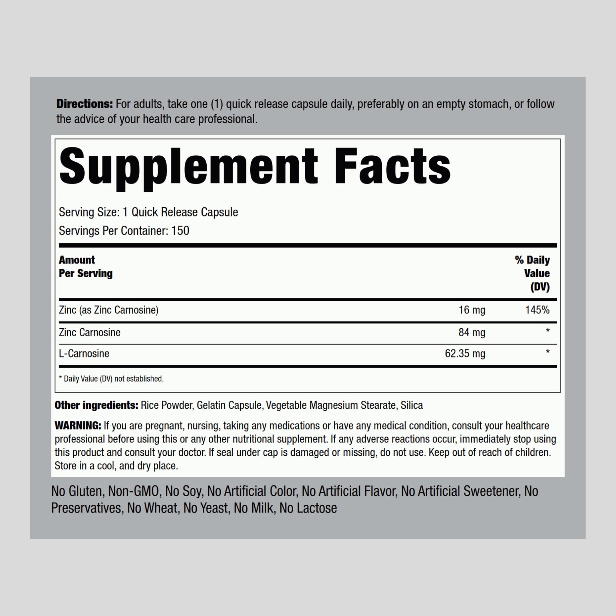 Piping Rock Zinc L-Carnosine Complex 100g capsule bottle side view