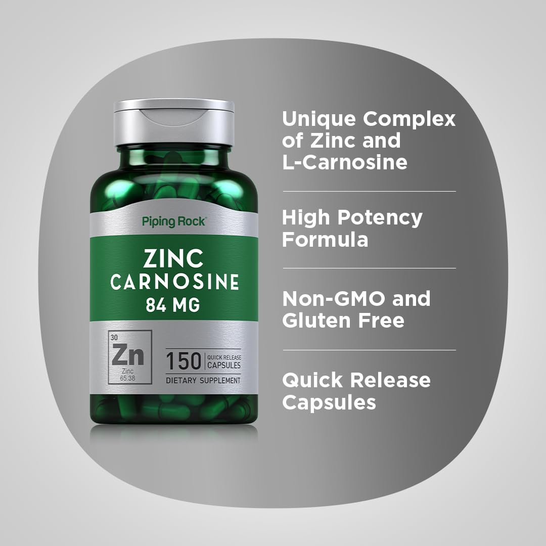 Piping Rock Zinc L-Carnosine Complex capsules on a wooden surface