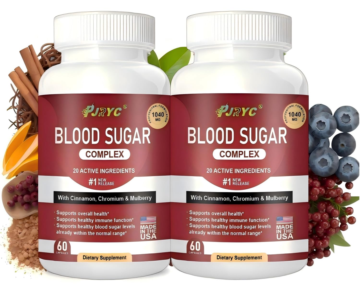 PJRYC Cinnamon Blood Sugar Complex capsules on a wooden table