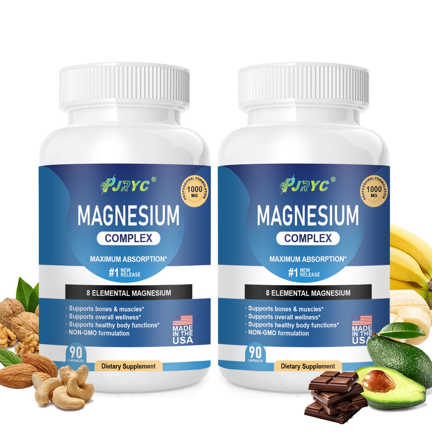 PJRYC Magnesium Supplement 1000mg front view of bottle