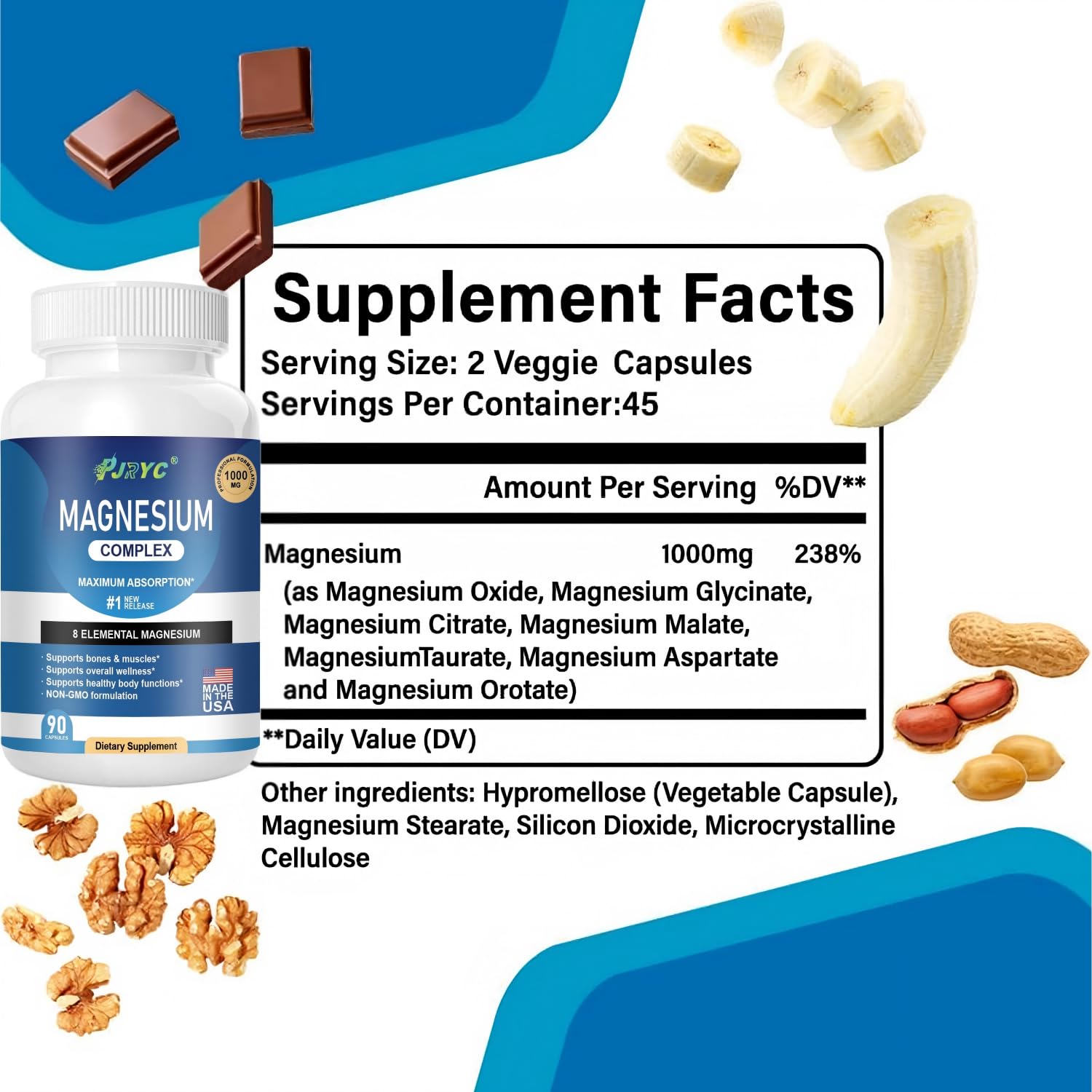 PJRYC Magnesium Supplement 1000mg packaging details