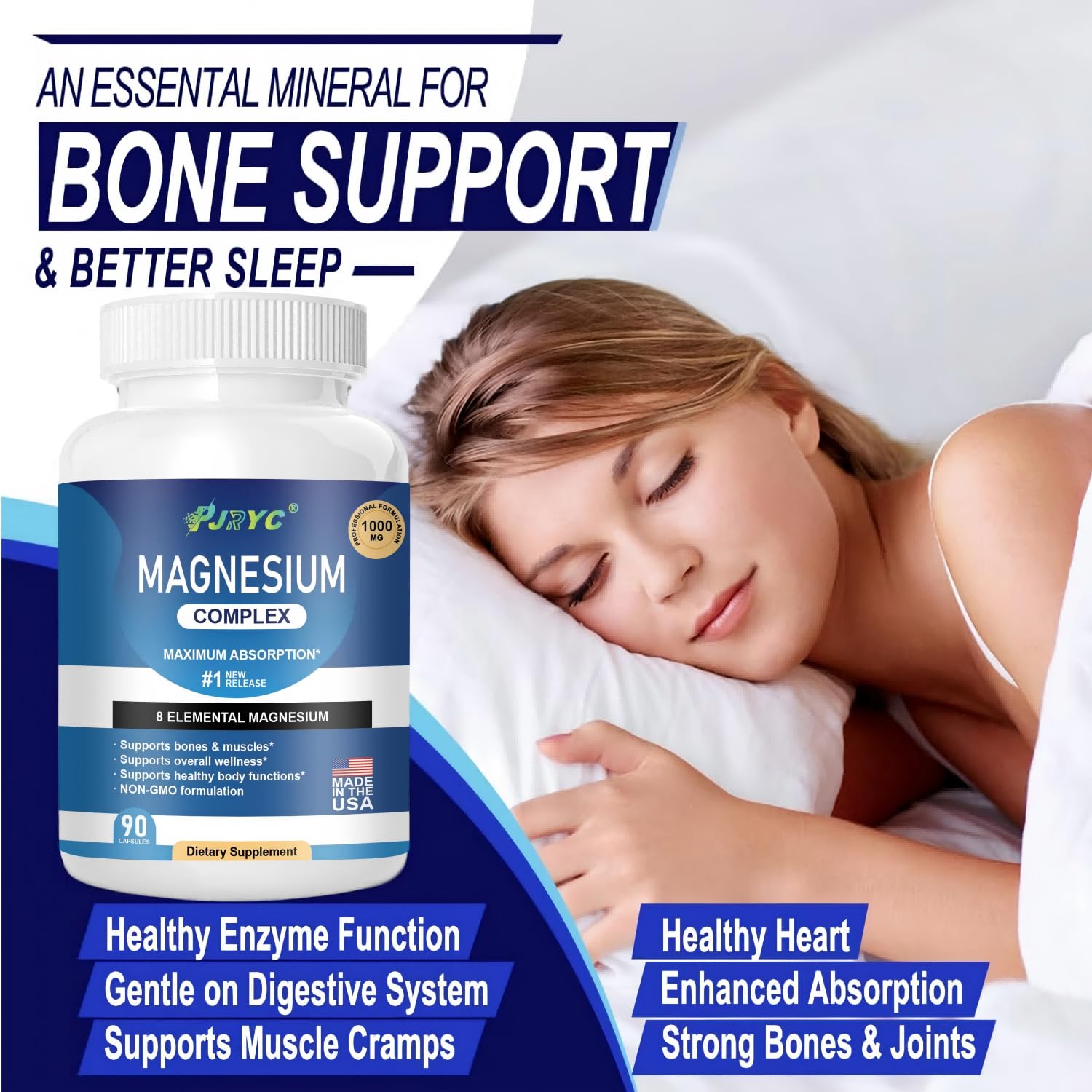 PJRYC Magnesium Supplement 1000mg side view showing capsule count